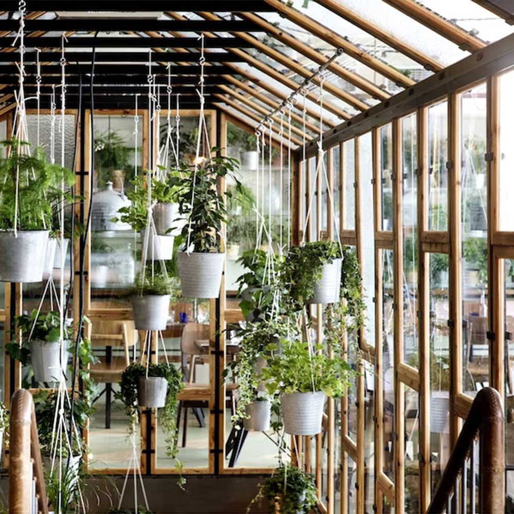 a greenhouse serving as the centerpiece of a high-end restaurant