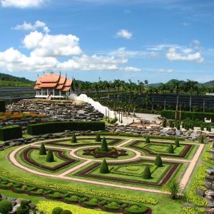 an aerial view of Nong Nooch Tropical Botanical Garden, featuring vibrant plant life and winding pathways