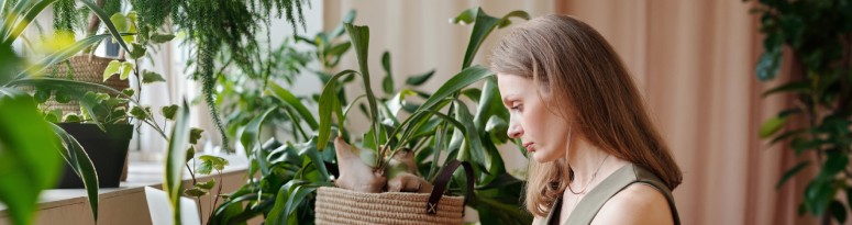 a businesswoman managing client cancellations in a notebook at a desk surrounded by lush indoor plants and a laptop