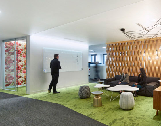 forest city office open meeting space with green carpet and geometric wooden wall divider