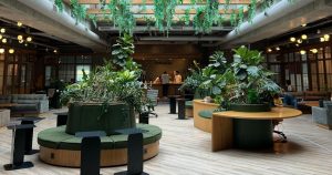 A spacious, modern office with abundant greenery, large plants, and cozy seating areas under a skylight