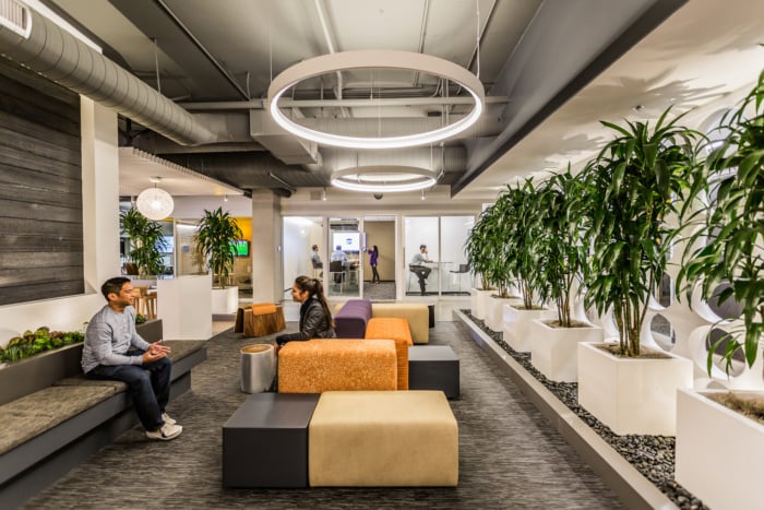 image of a hall lobby with dark floors, modern furniture, and large square white planters