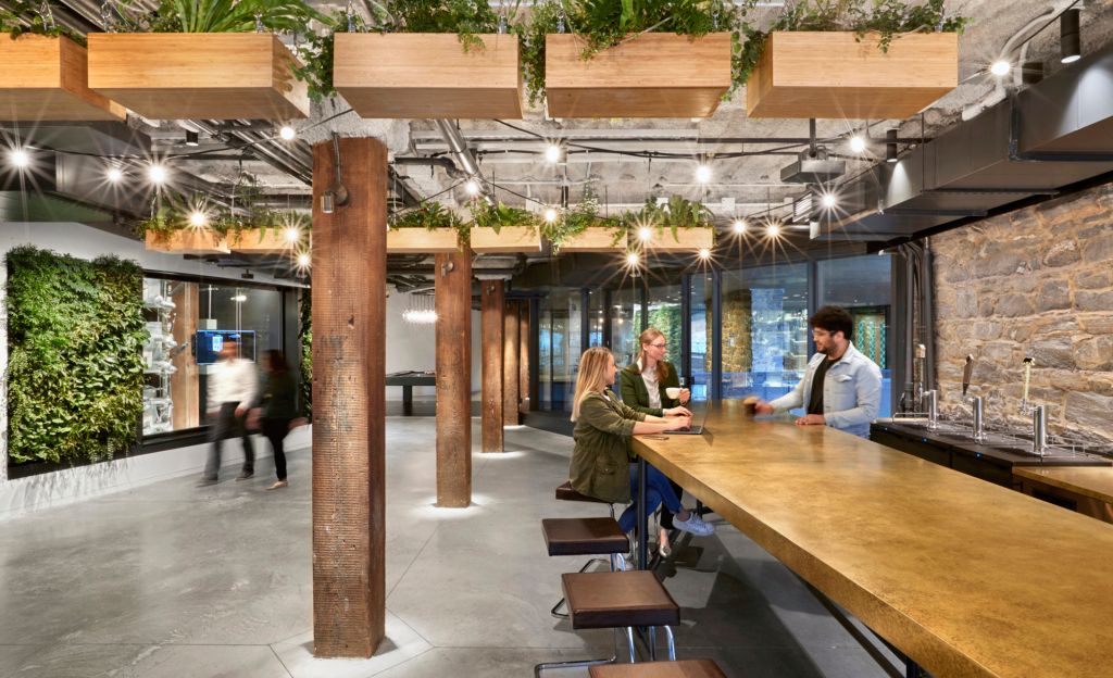 united technologies digital office's open meeting space with a plant wall, hanging planters, and a long wooden table