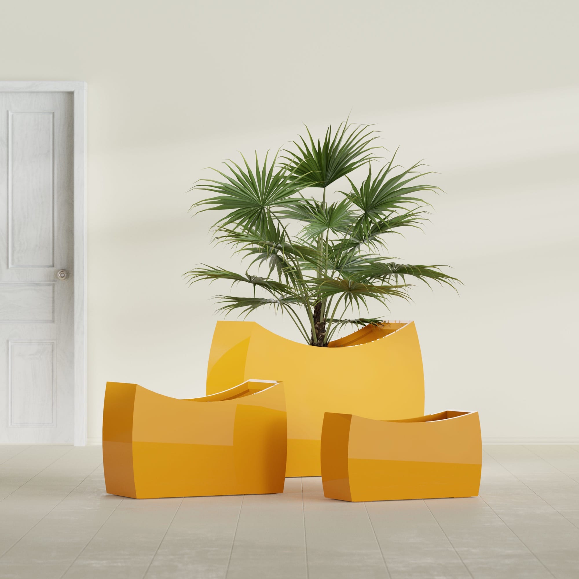 Seoul Extra Large Curved Abstract Fiberglass Planter - 48 in x 20 in x 36 in - Gloss Saffron - Gloss Saffron,48 in x 20 in x 36 in