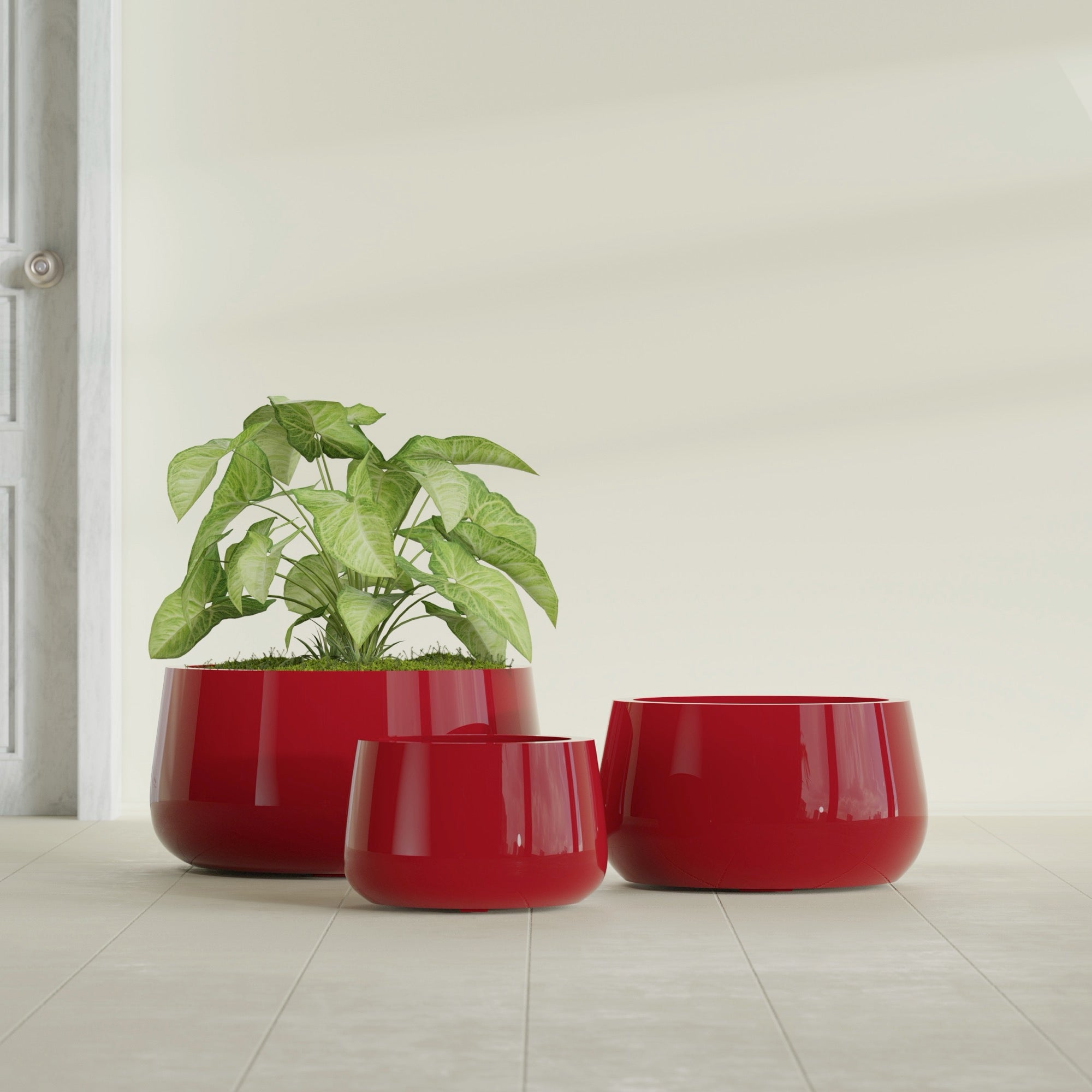 Short Hayden Small Round Fiberglass Planter - 12 in x 12 in x 7 in - Gloss Red - Gloss Red,12 in x 12 in x 7 in