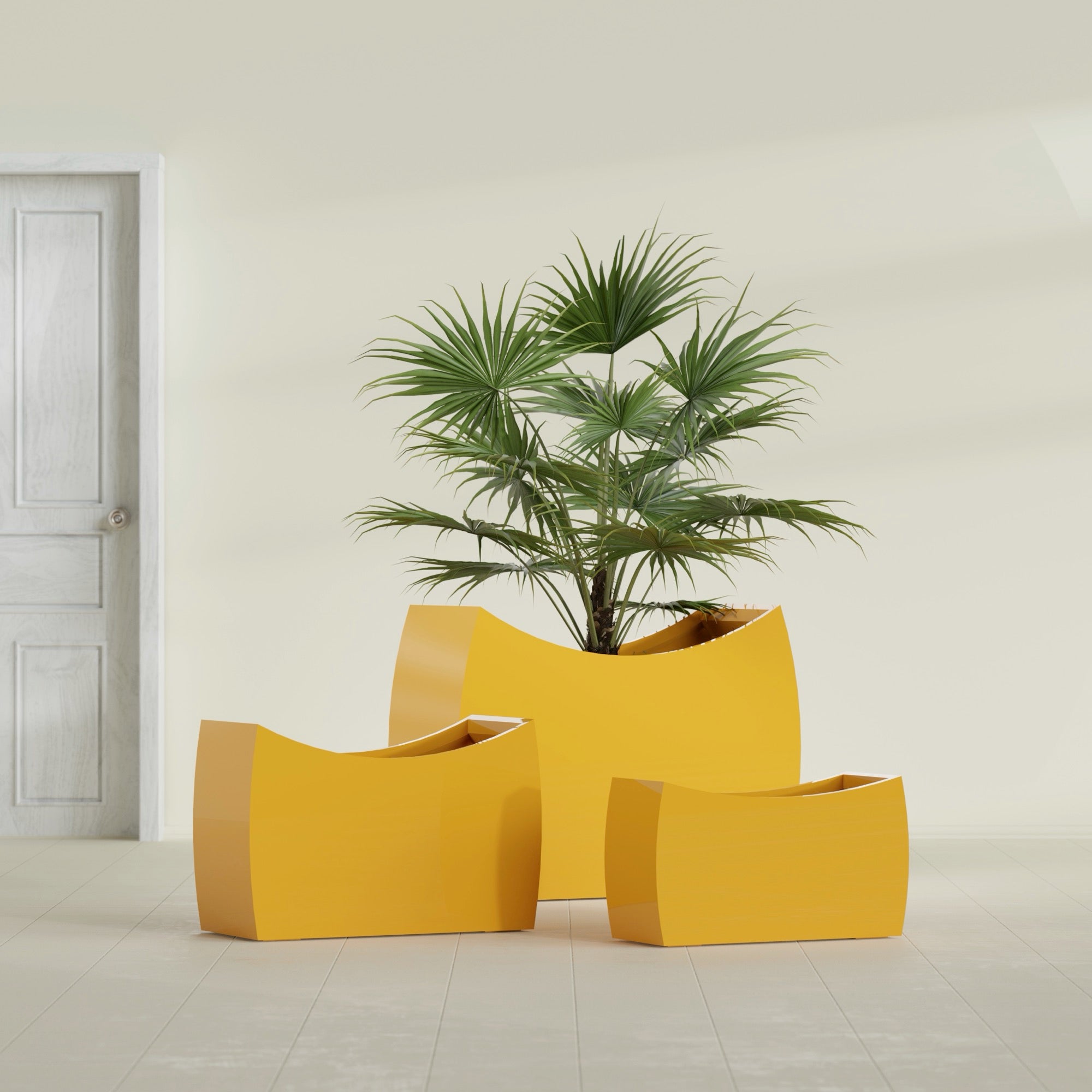 Seoul Large Curved Abstract Fiberglass Planter - 32 in x 12 in x 18 in - Gloss Saffron - Gloss Saffron,32 in x 12 in x 18 in