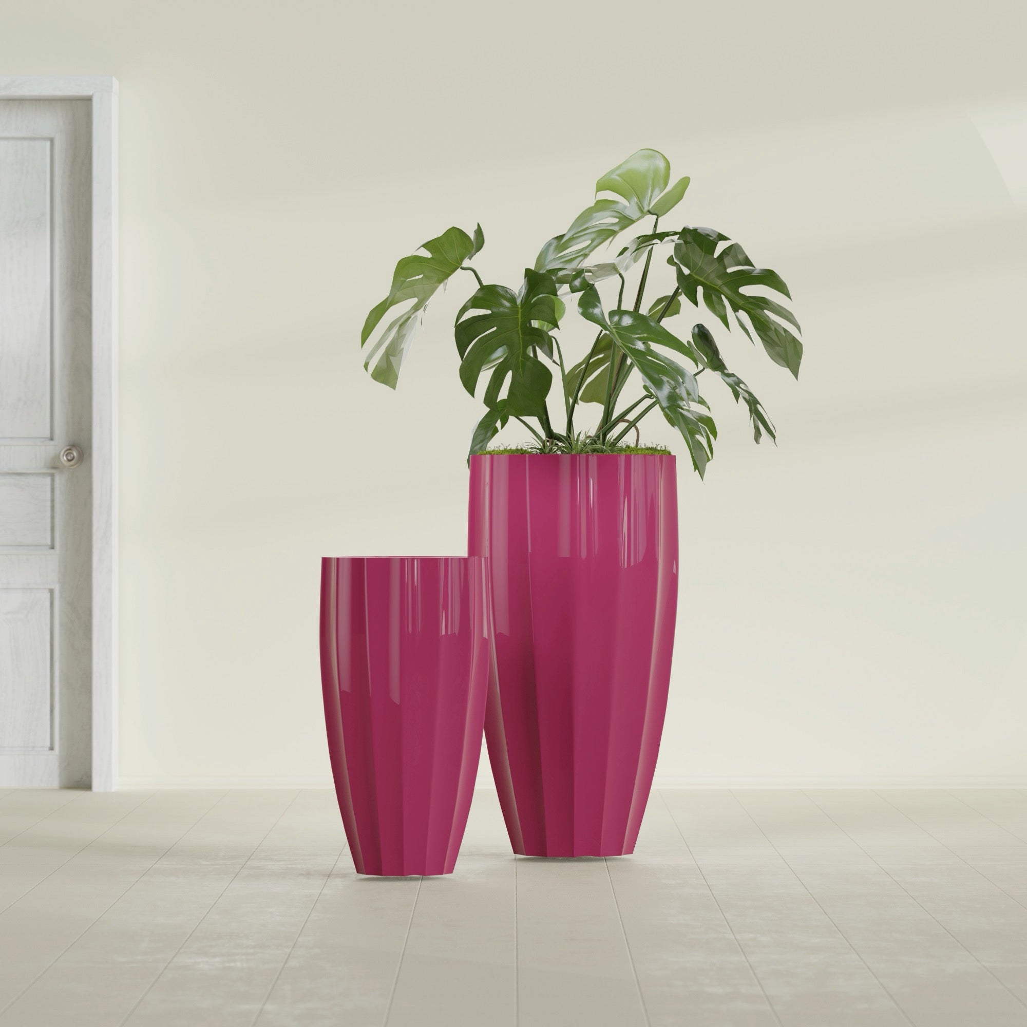San Jose Large Tall Round Fluted Fiberglass Planter - 16 in x 16 in x 30 in - Gloss Pink Violet - Gloss Pink Violet,16 in x 16 in x 30 in