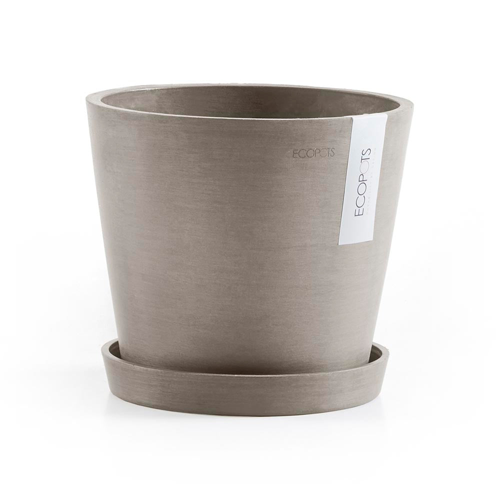 Amsterdam Small Round Planter - 8 in x 8 in x 7 in - Planter + Saucer - Taupe - Taupe,8 in x 8 in x 7 in,Planter + Saucer