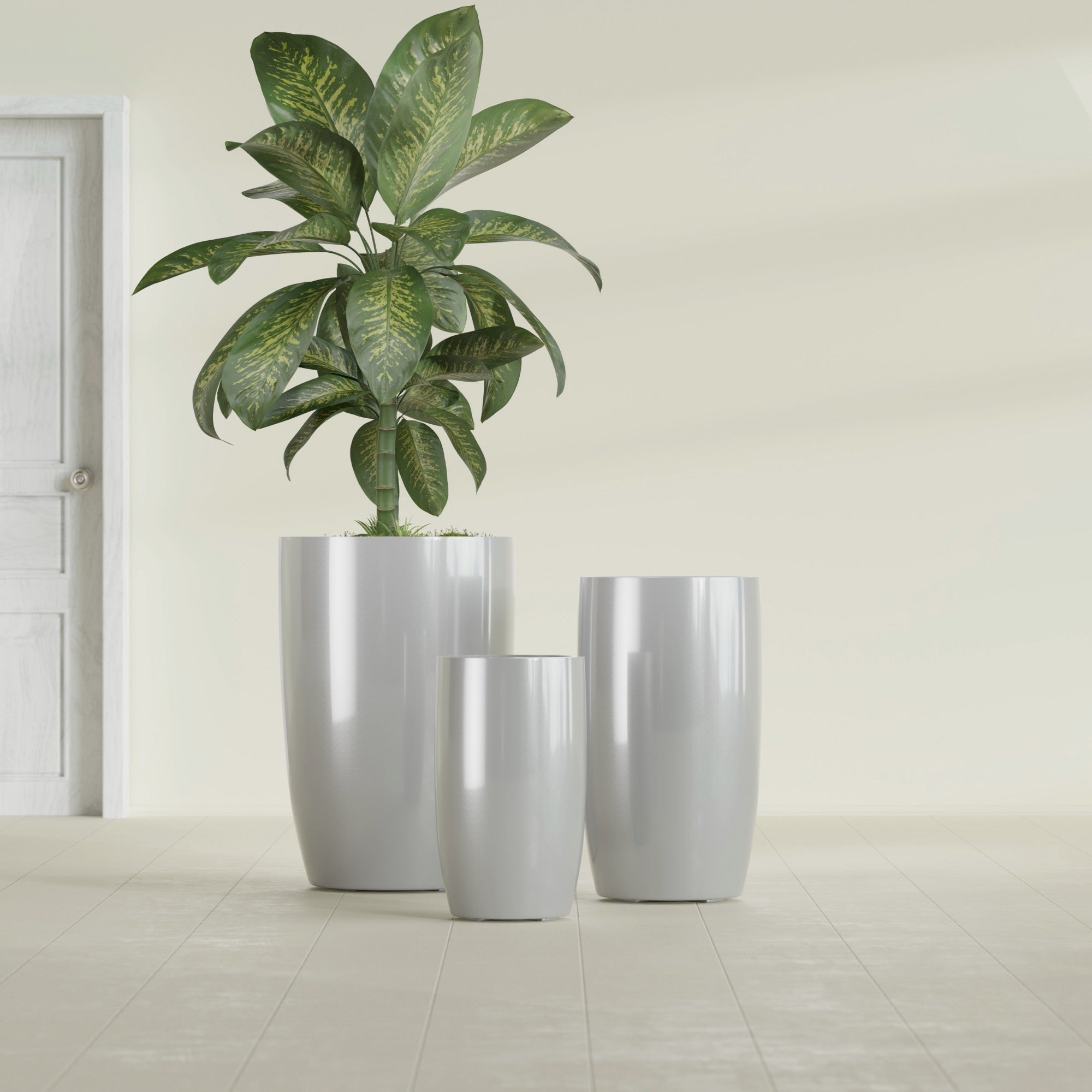Lisbon Medium Round Fiberglass Planter - 14 in x 14 in x 25 in - Metallic Silver - Metallic Silver,14 in x 14 in x 25 in