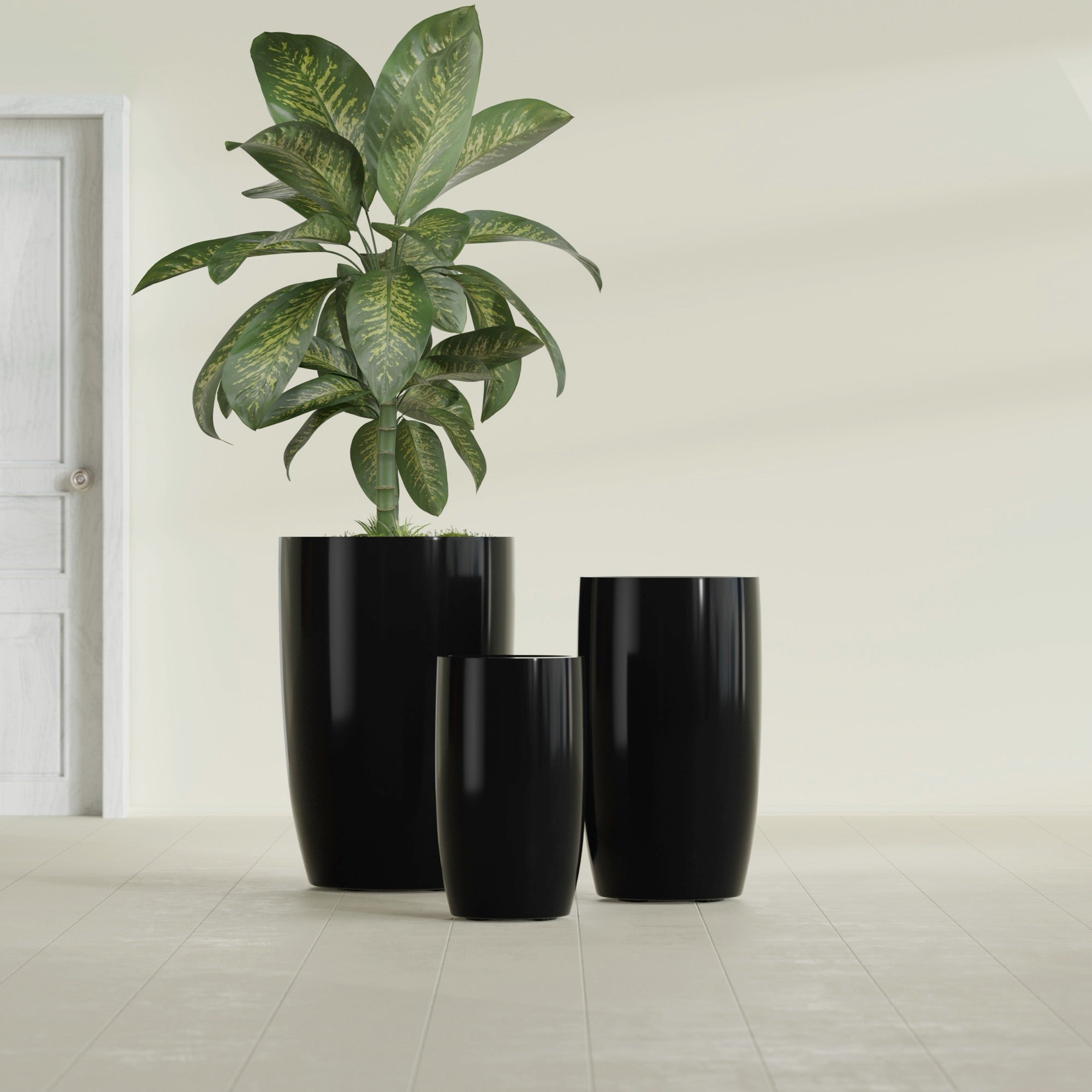 Lisbon Large Round Fiberglass Planter - 24 in x 24 in x 36 in - Gloss Black - Gloss Black,24 in x 24 in x 36 in