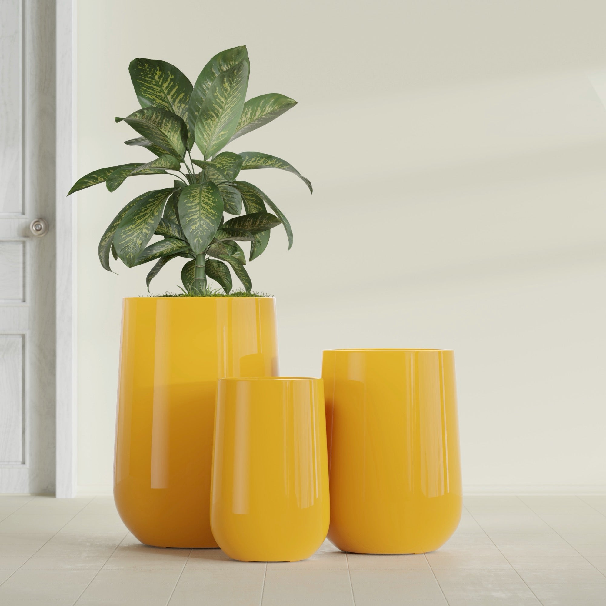 Tall Hayden Medium Round Fiberglass Planter - 12 in x 12 in x 20 in - Gloss Saffron - Gloss Saffron,12 in x 12 in x 20 in