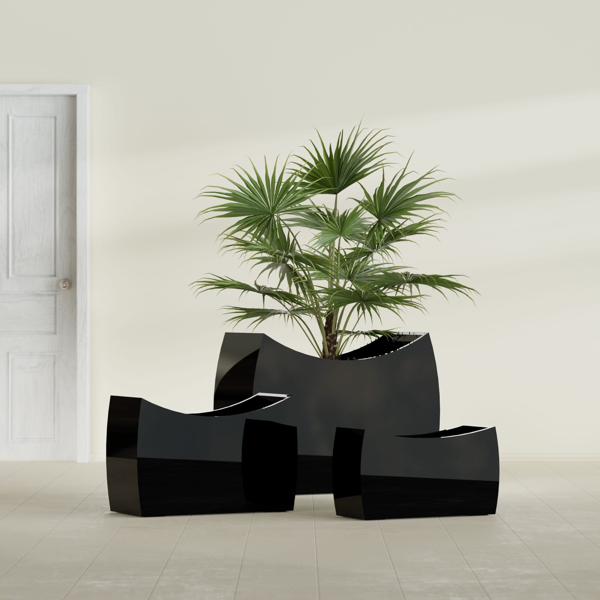 Seoul Extra Large Curved Abstract Fiberglass Planter - 48 in x 20 in x 36 in - Gloss Black - Gloss Black,48 in x 20 in x 36 in