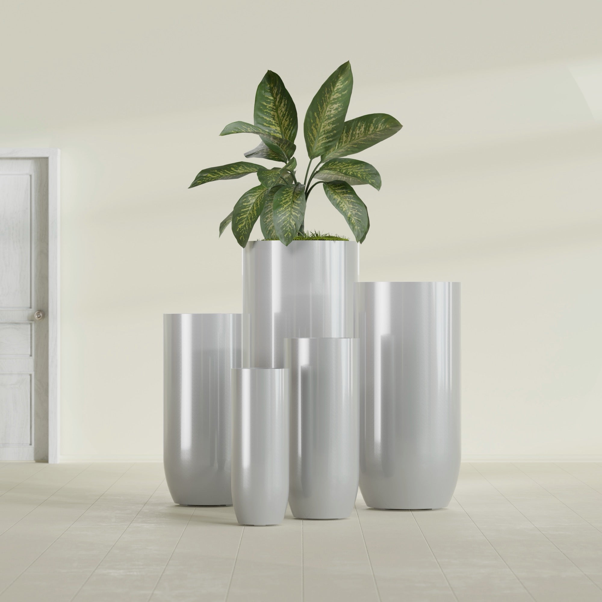 Saint Tropez Large Tall Round Fiberglass Planter - 20 in x 20 in x 43 in - Metallic Silver - Metallic Silver,20 in x 20 in x 43 in