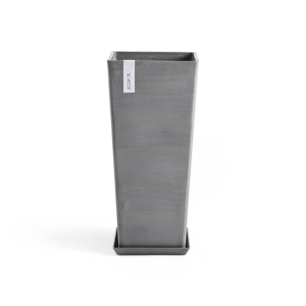 Rotterdam Medium Tall Square Planter - 12.6 in x 12.6 in x 27.5 in - Planter + Saucer - Grey - Grey,12.5 in x 12.5 in x 27.5 in,Planter + Saucer