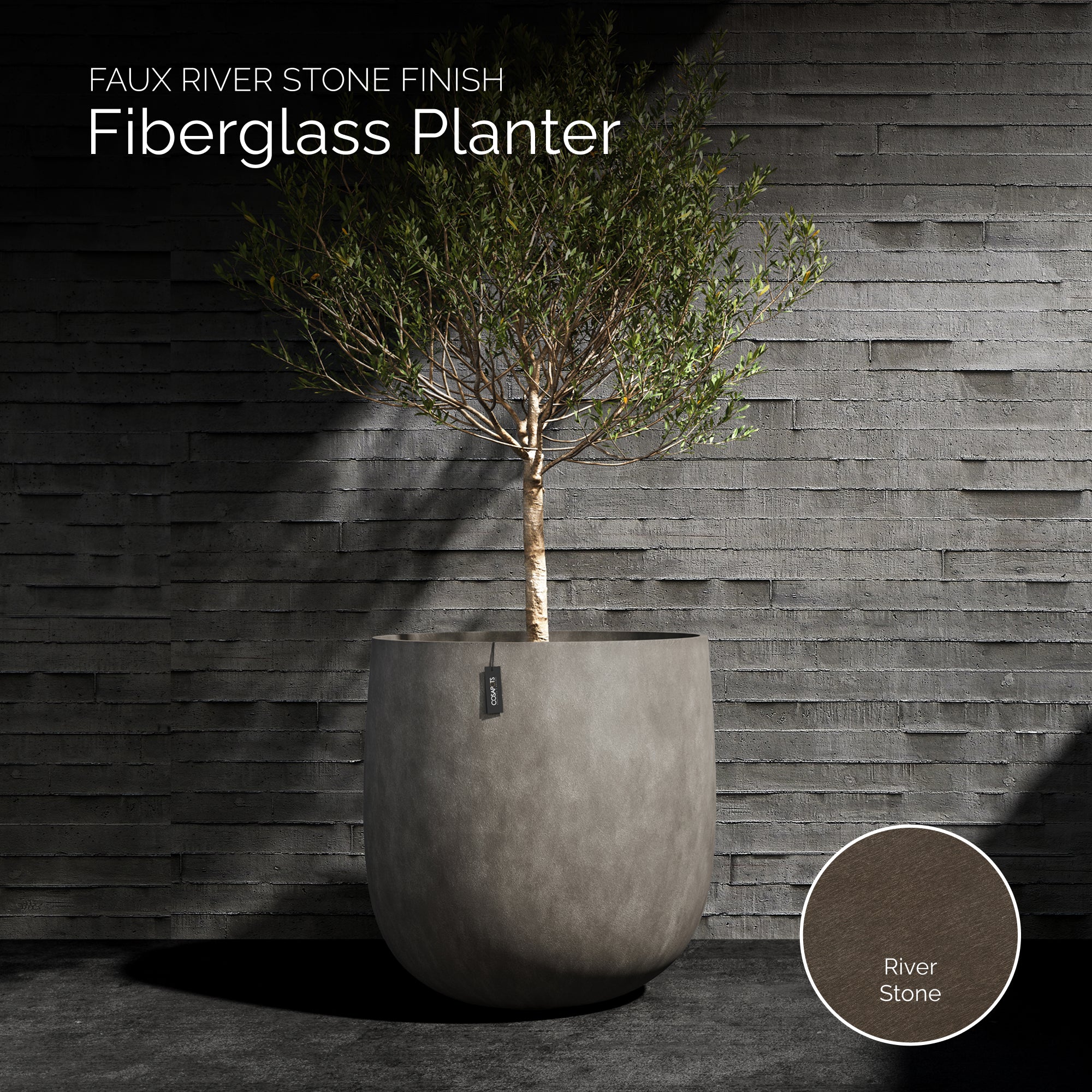 Mondo Large Planter – River Stone Finish – Fiberglass Indoor/Outdoor and Weather-Resistant Round Planter (39.5" D x 39.5" H Exterior, 37.8" D x 39.5" H Interior) - River Stone,39.5 in x 39.5 in x 39.5 in