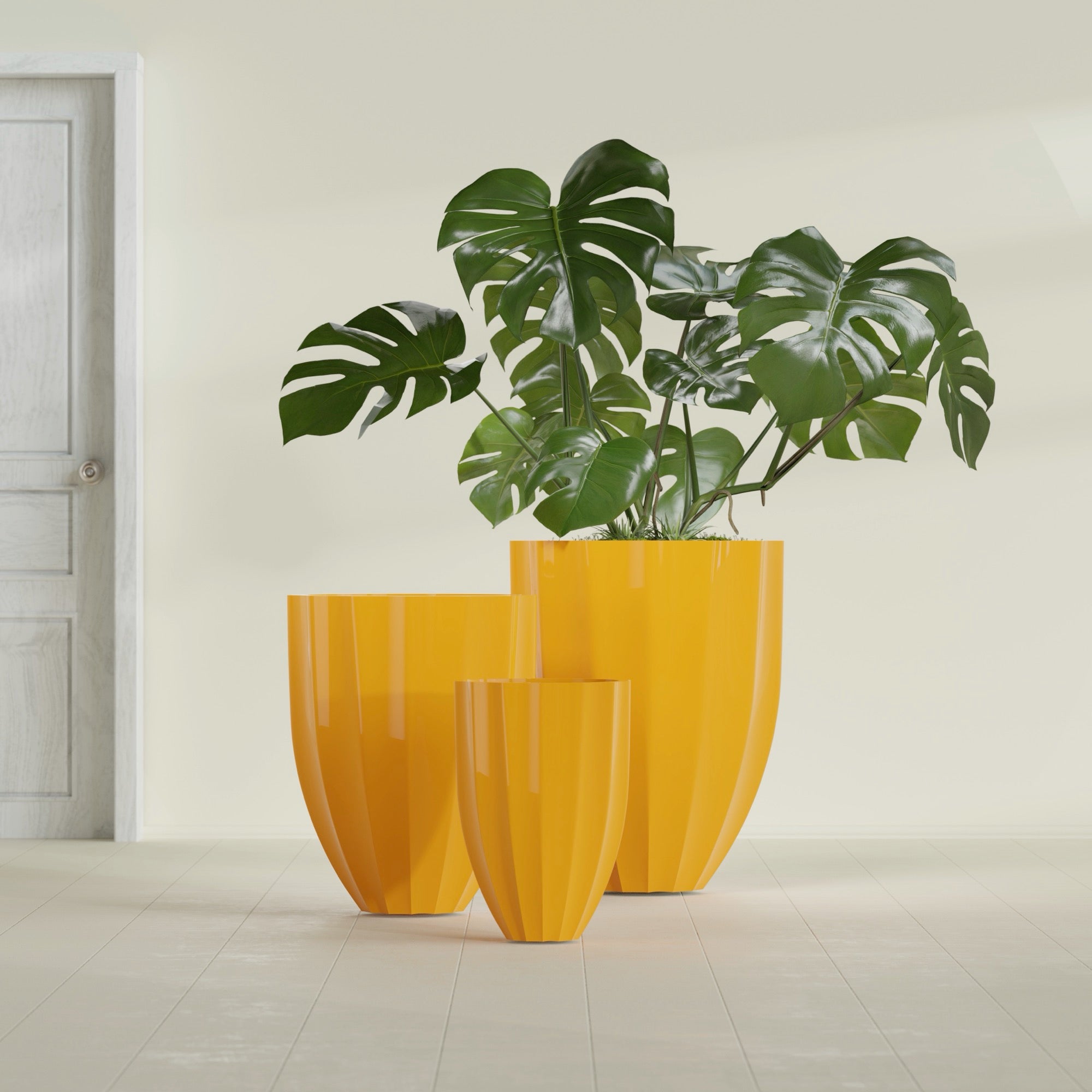 Alicante Small Round Fiberglass Planter - 15 in x 15 in x 21 in - Gloss Saffron - Gloss Saffron,15 in x 15 in x 21 in
