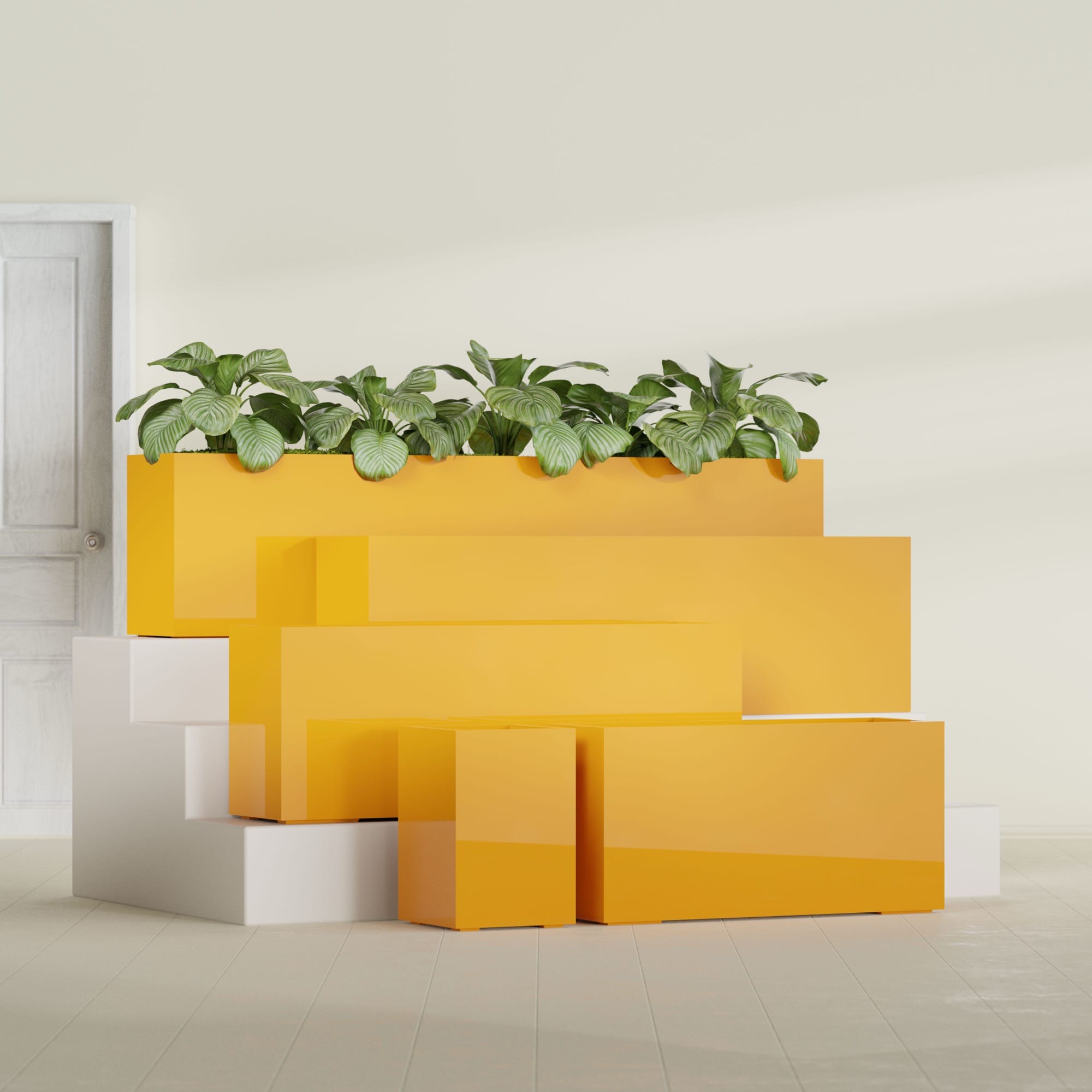 Miami Extra Large Narrow Rectangle Fiberglass Planter - 48 in x 12 in x 18 in - Gloss Saffron - Gloss Saffron,48 in x 12 in x 18 in