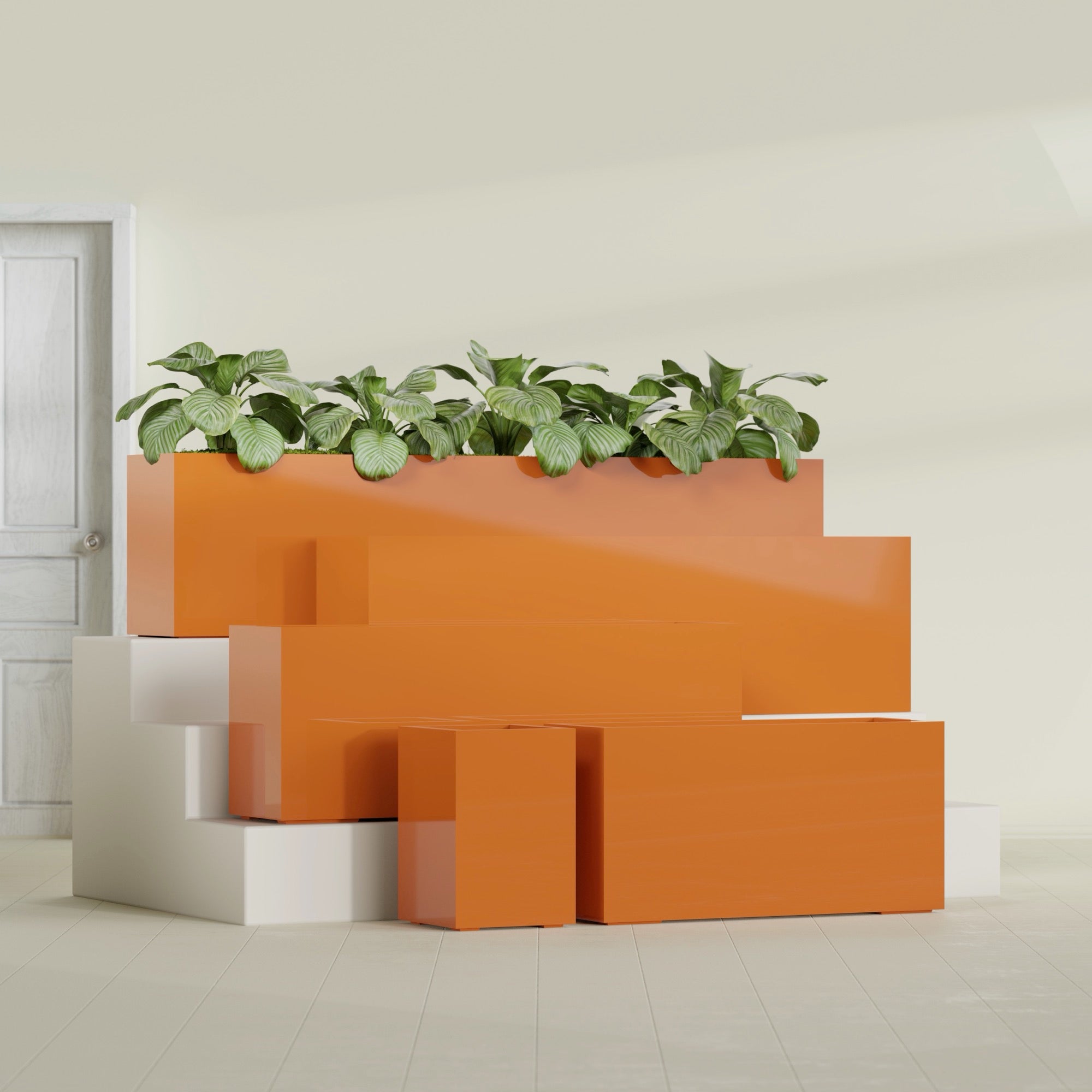 Miami Extra Large Narrow Rectangle Fiberglass Planter - 72 in x 12 in x 18 in - Gloss Tangerine - Gloss Tangerine,72 in x 12 in x 18 in