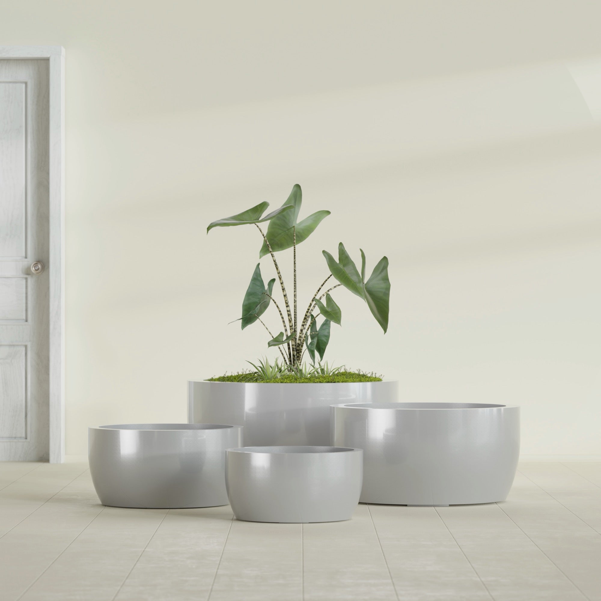 Casablanca Large Round Low Bowl Fiberglass Planter - 36 in x 36 in x 18 in - Metallic Silver - Metallic Silver,36 in x 36 in x 18 in