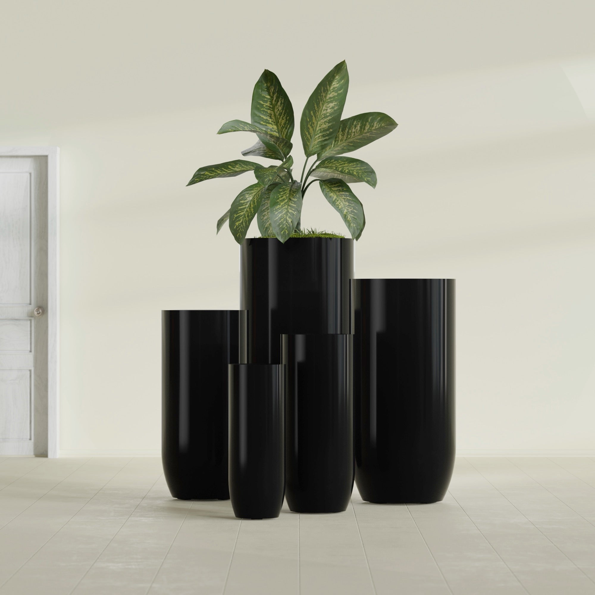 Saint Tropez Large Tall Round Fiberglass Planter - 16 in x 16 in x 38 in - Gloss Black - Gloss Black,16 in x 16 in x 38 in