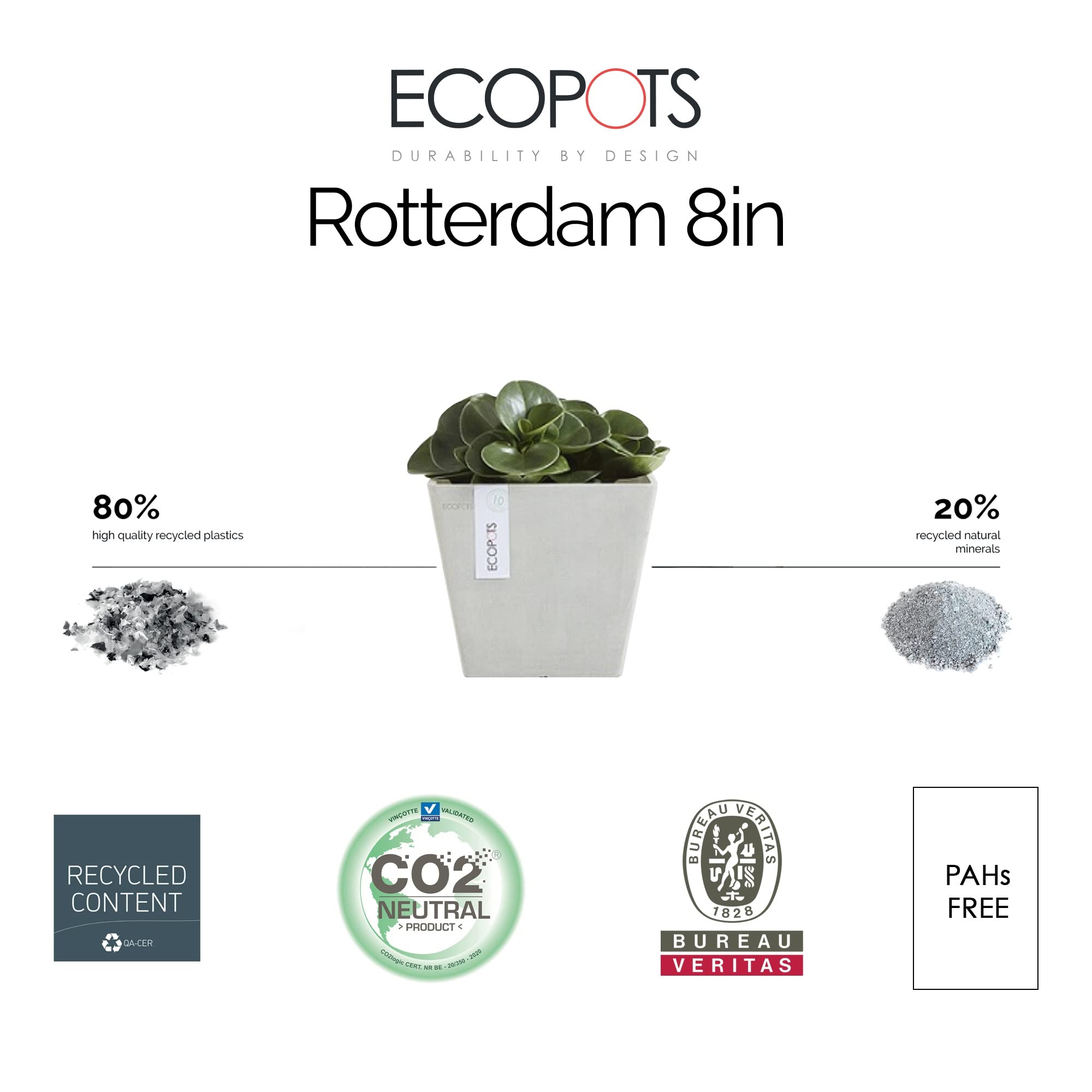 Rotterdam Small Square Planter - 8 in x 8 in x 7 in - White Grey - White Grey,8 in x 8 in x 7 in,Planter Only