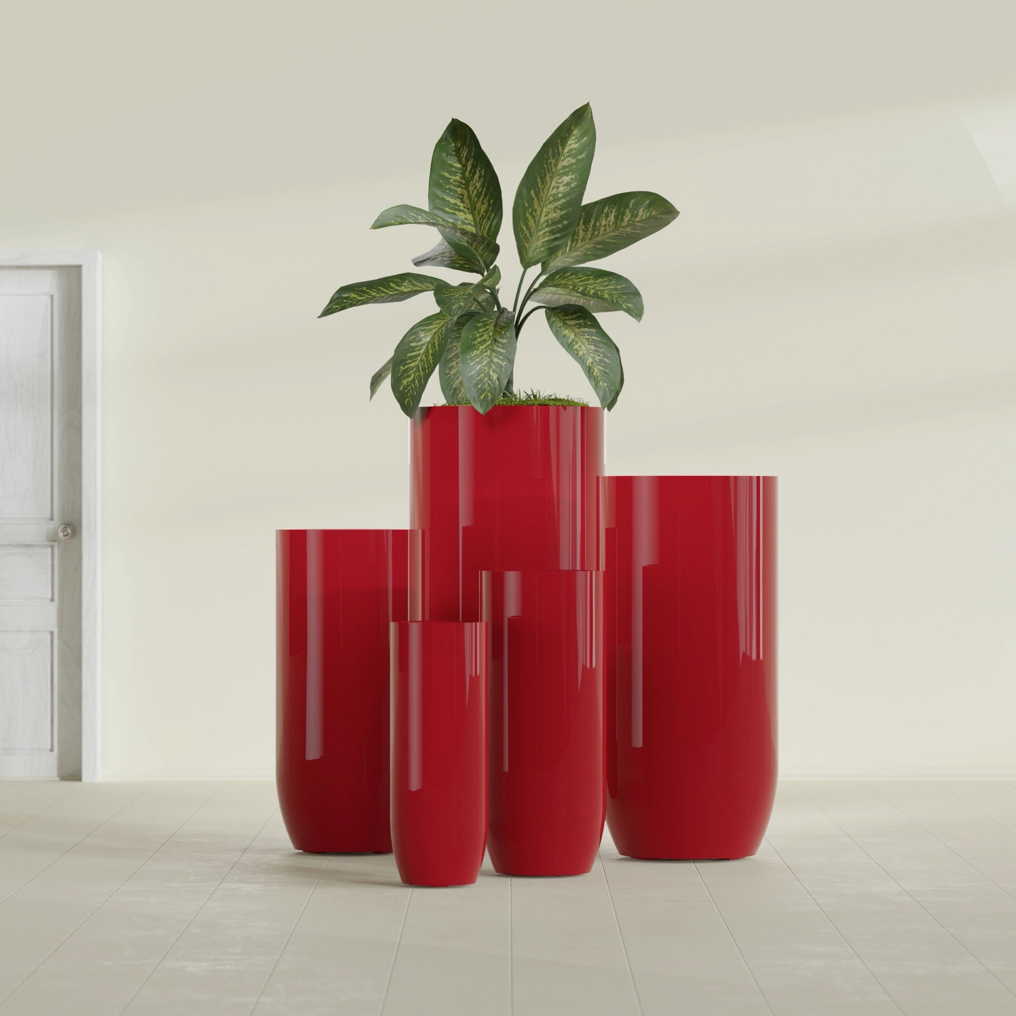 Saint Tropez Large Tall Round Fiberglass Planter - 20 in x 20 in x 43 in - Gloss Red - Gloss Red,20 in x 20 in x 43 in