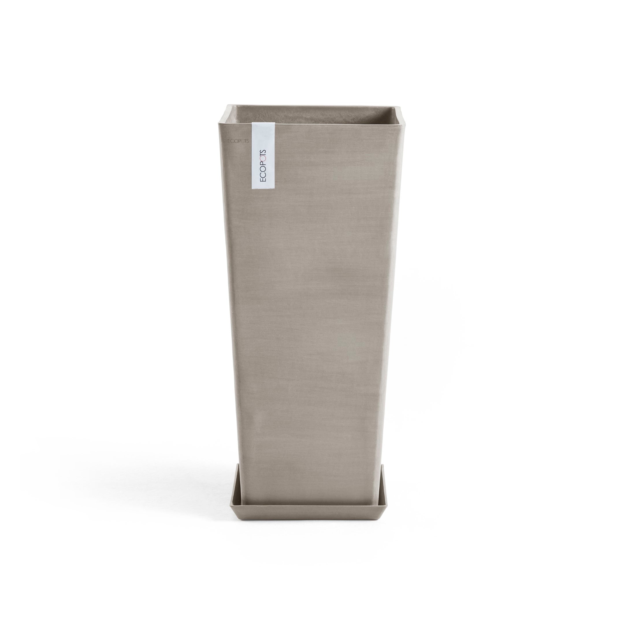 Rotterdam Medium Tall Square Planter - 12.6 in x 12.6 in x 27.5 in - Planter + Saucer - Taupe - Taupe,12.5 in x 12.5 in x 27.5 in,Planter + Saucer