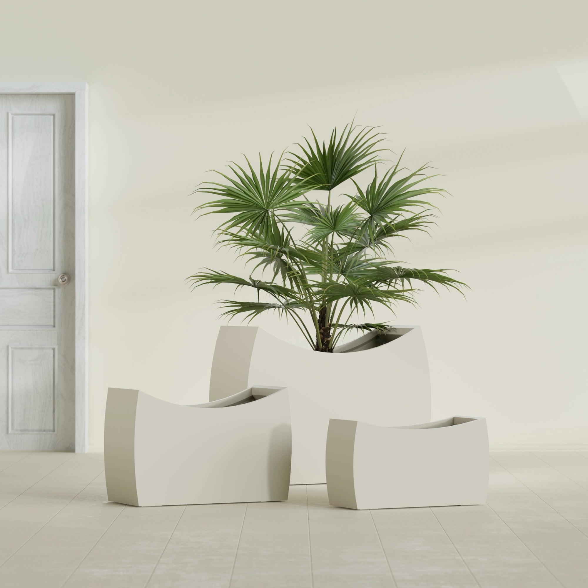 Seoul Large Curved Abstract Fiberglass Planter - 32 in x 12 in x 18 in - Satin Beige - Satin Beige,32 in x 12 in x 18 in