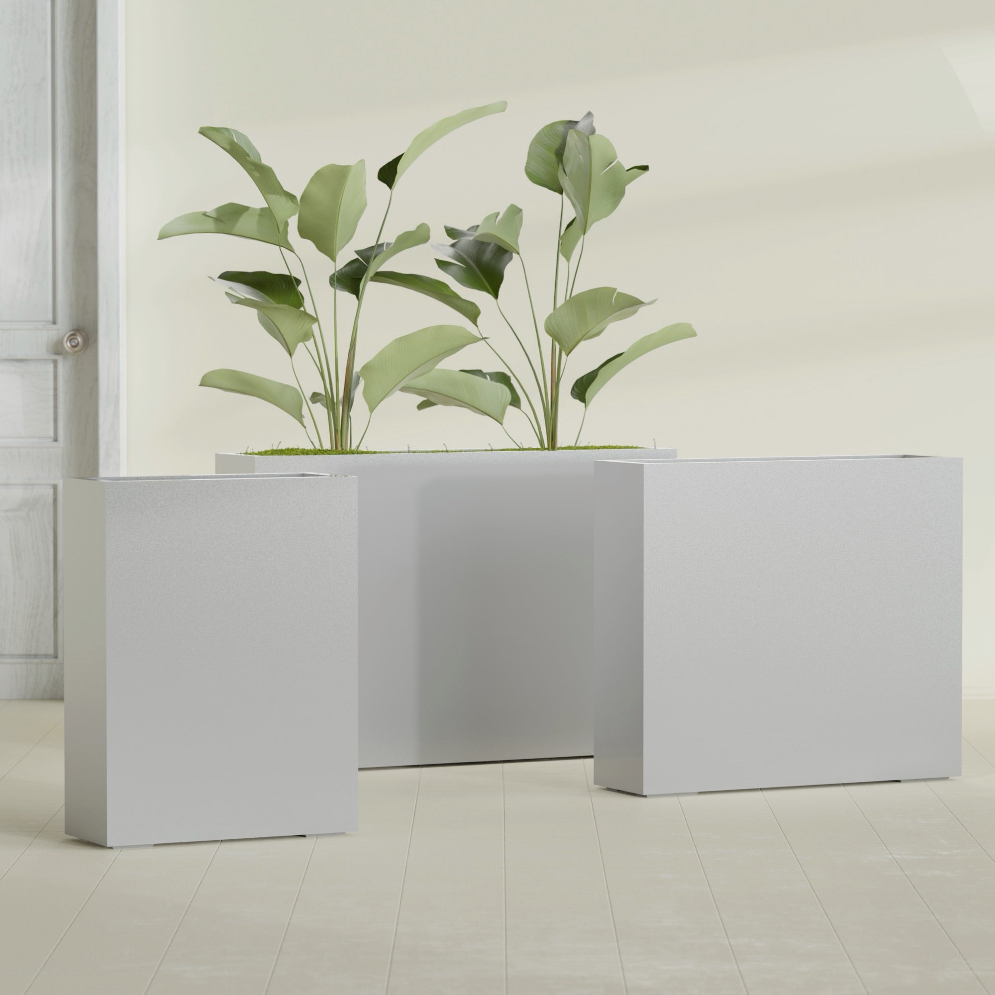 Amesbury Large Narrow Rectangle Fiberglass Planter - 24 in x 10 in x 32 in - Metallic Silver - Metallic Silver,24 in x 10 in x 32 in