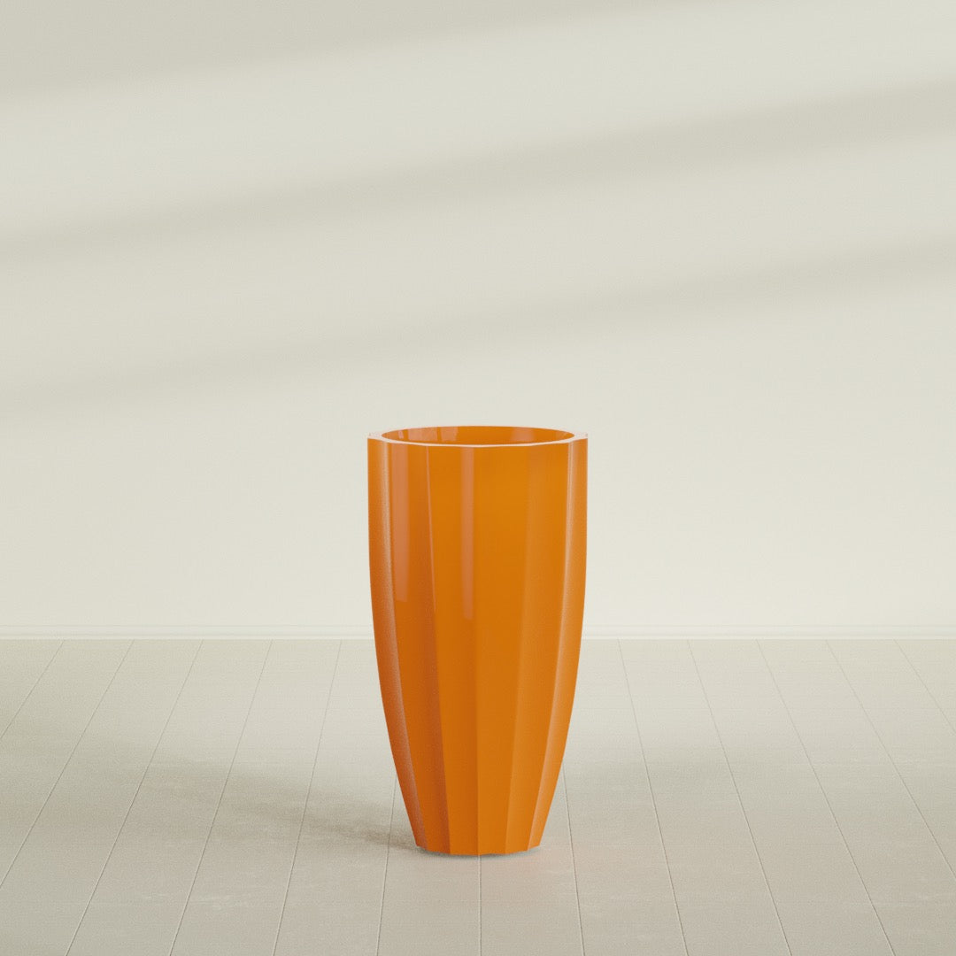 San Jose Large Tall Round Fluted Fiberglass Planter - 22 in x 22 in x 40 in - Gloss Tangerine - Gloss Tangerine,22 in x 22 in x 40 in