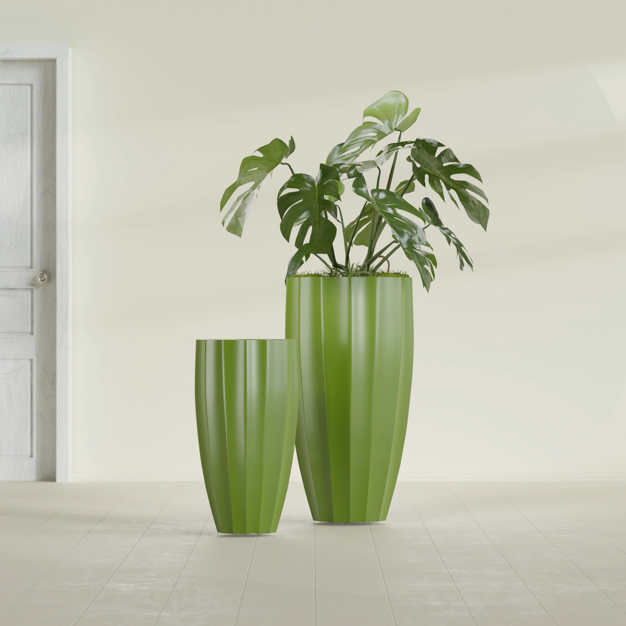 San Jose Large Tall Round Fluted Fiberglass Planter - 16 in x 16 in x 30 in - Satin Green - Satin Green,16 in x 16 in x 30 in