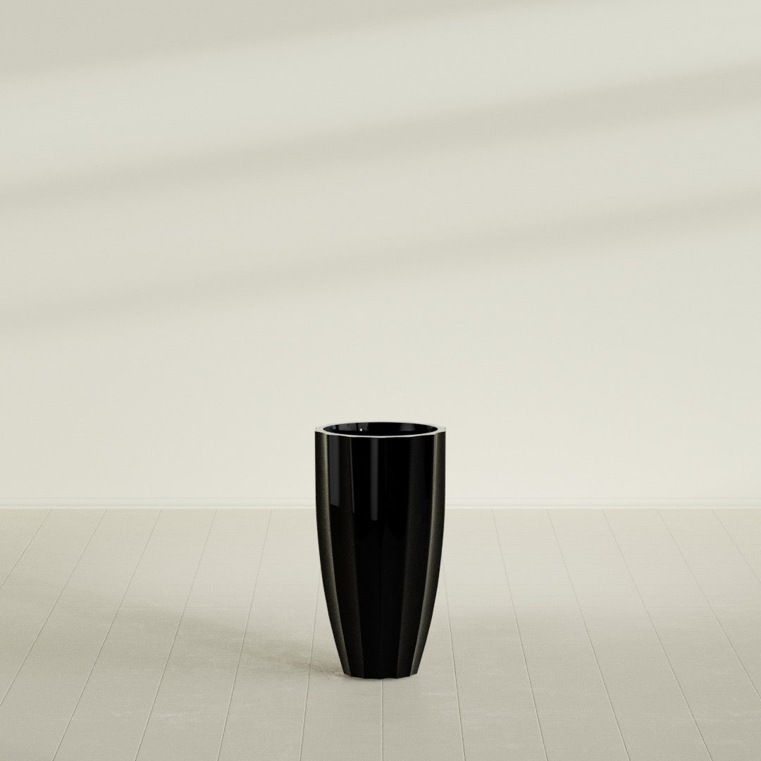 San Jose Large Tall Round Fluted Fiberglass Planter - 16 in x 16 in x 30 in - Gloss Black - Gloss Black,16 in x 16 in x 30 in