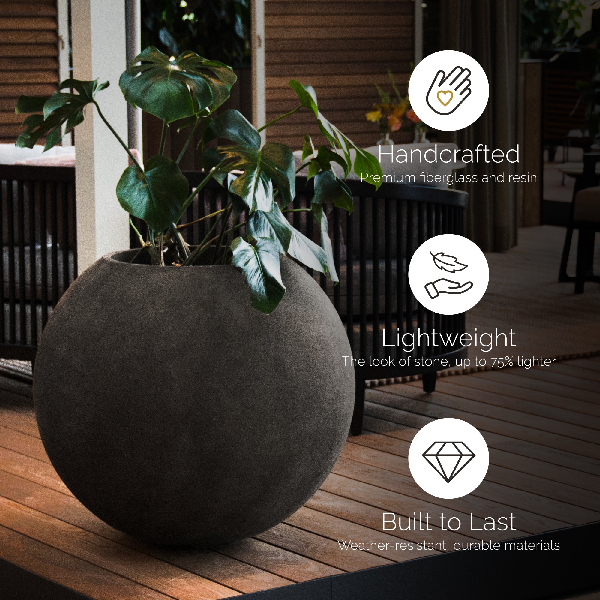 Orbo Globe Sphere Planter – Brown Stone Finish – Fiberglass Indoor/Outdoor and Weather-Resistant Round Planter (23.5" D x 21" H Exterior, 23.2" D x 20.5" H Interior) - Brown Stone,23.5 in x 23.5 in x 21 in - Brown Stone,23.5 in x 23.5 in x 21 in - Br - Brown Stone,23.6 in diam. x 21.1 in