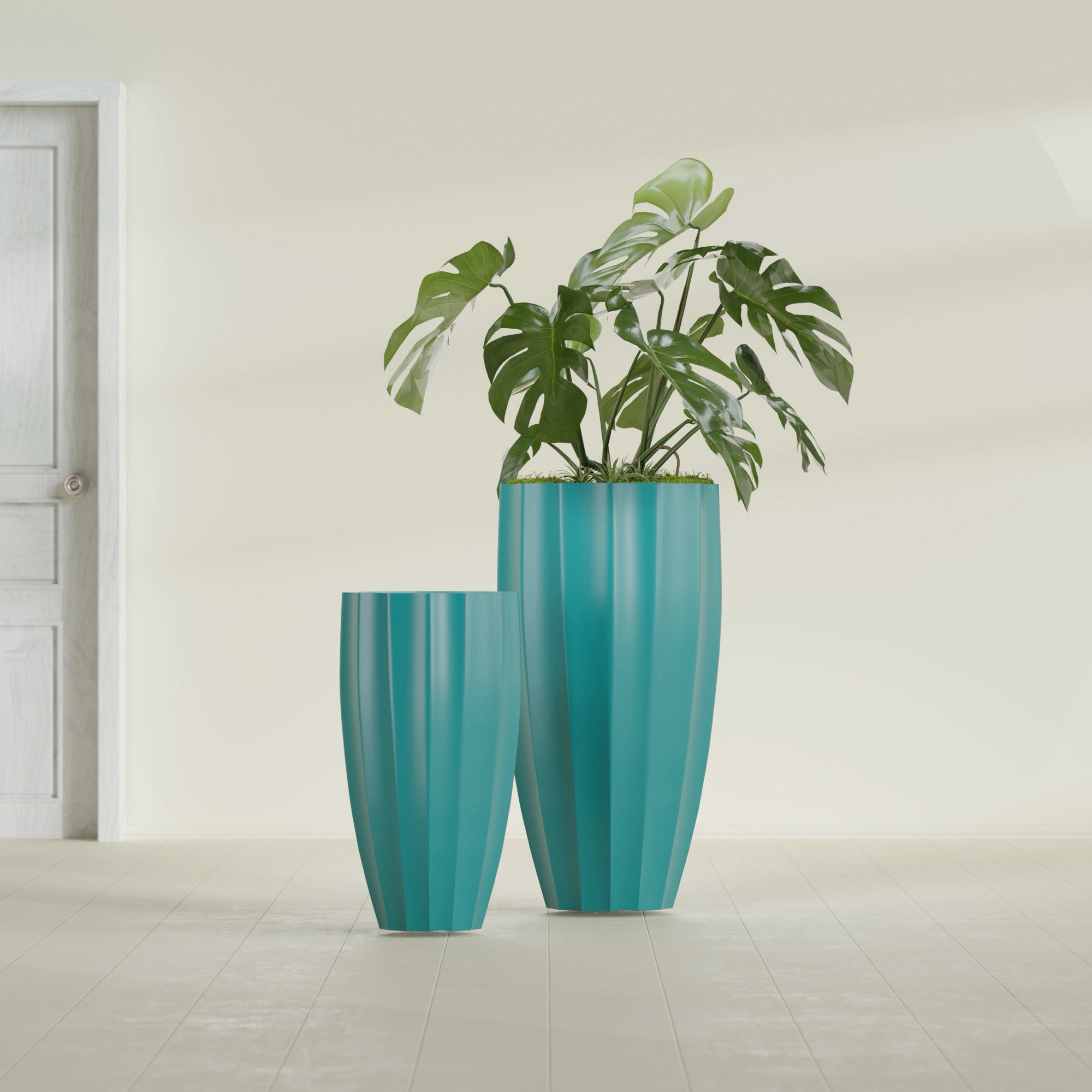 San Jose Large Tall Round Fluted Fiberglass Planter - 22 in x 22 in x 40 in - Satin Sea Foam - Satin Sea Foam,22 in x 22 in x 40 in