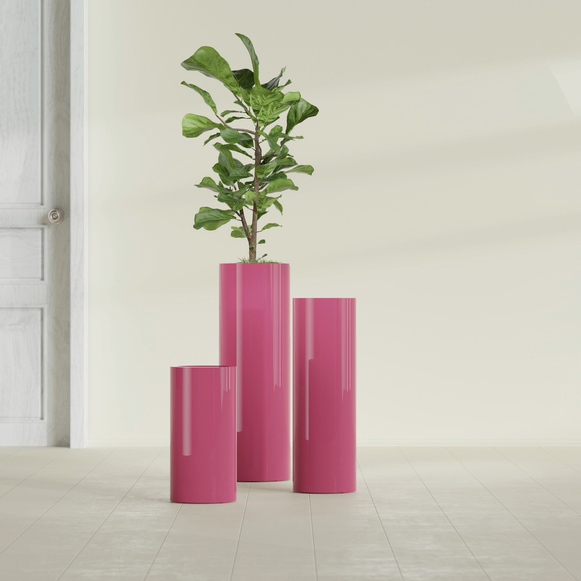Corry Large Tall Cylinder Fiberglass Planter - 12 in x 12 in x 36 in - Gloss Pink Violet - Gloss Pink Violet,30 in x 30 in x 32 in