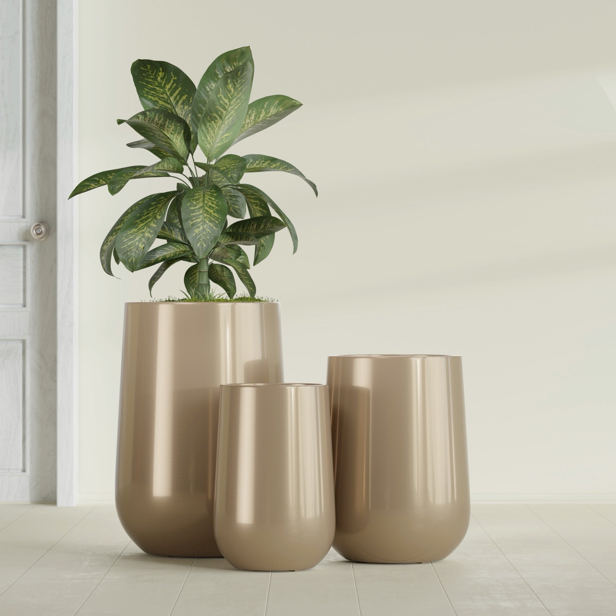 Tall Hayden Medium Round Fiberglass Planter - 18 in x 18 in x 29 in - Metallic Gold - Metallic Gold,18 in x 18 in x 29 in