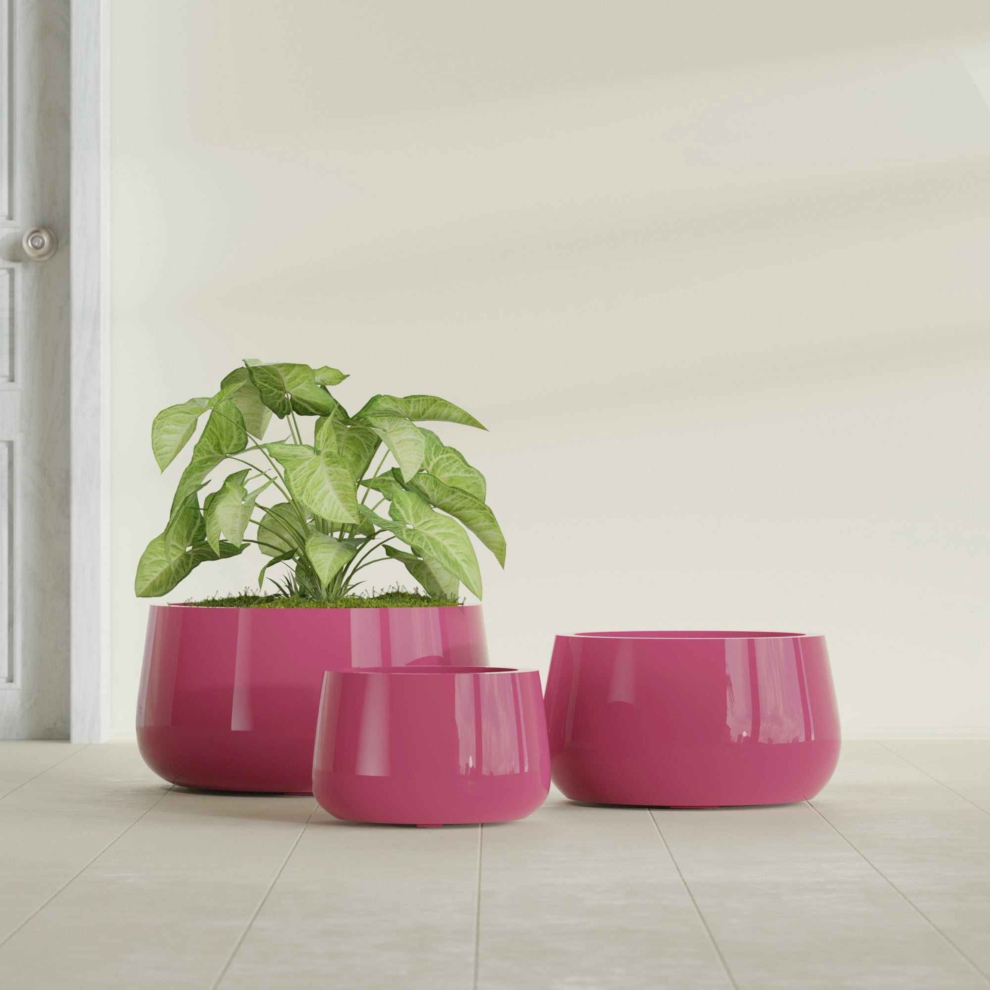 Short Hayden Small Round Fiberglass Planter - 12 in x 12 in x 7 in - Gloss Pink Violet - Gloss Pink Violet,12 in x 12 in x 7 in