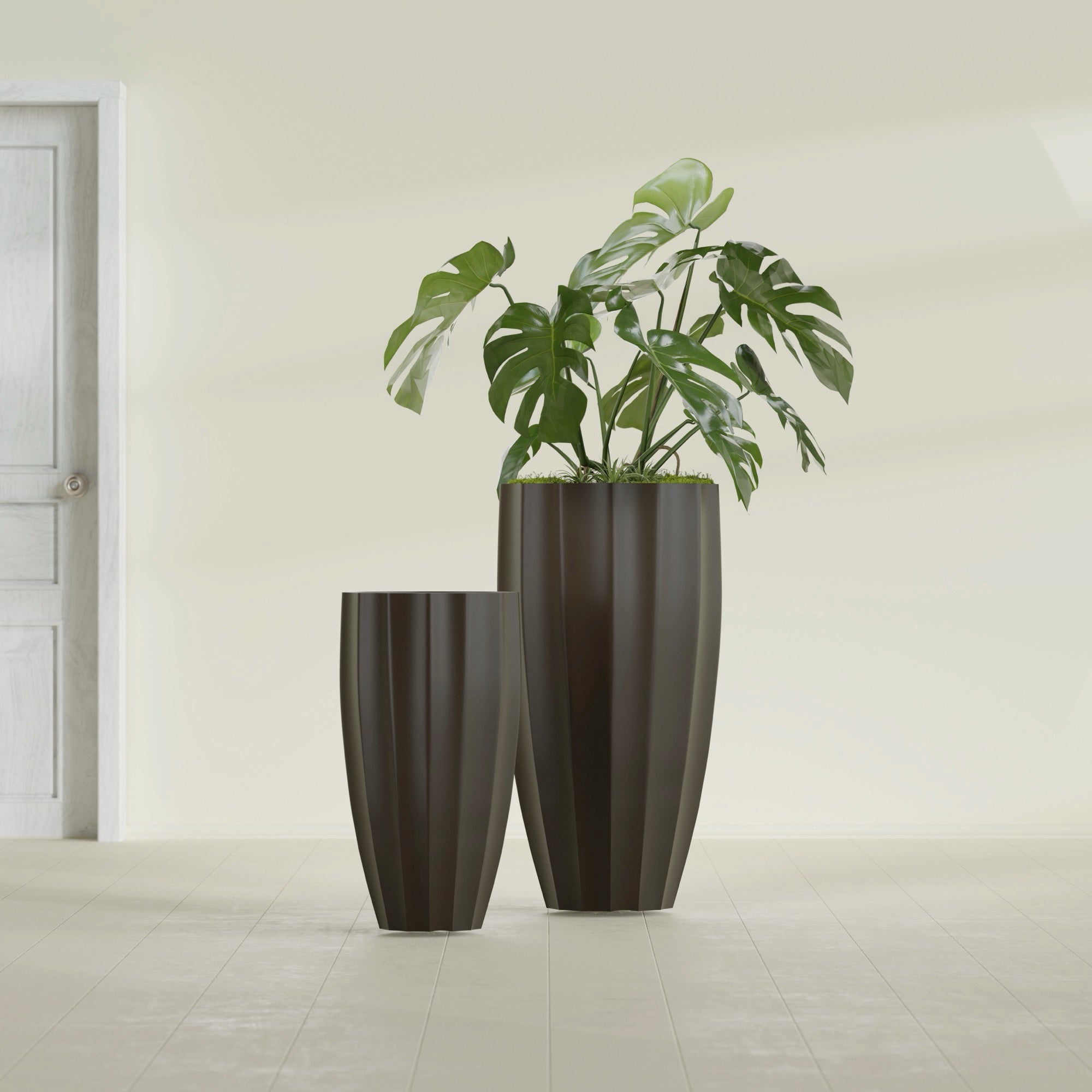 San Jose Large Tall Round Fluted Fiberglass Planter - 16 in x 16 in x 30 in - Matte Brown - Matte Brown,16 in x 16 in x 30 in