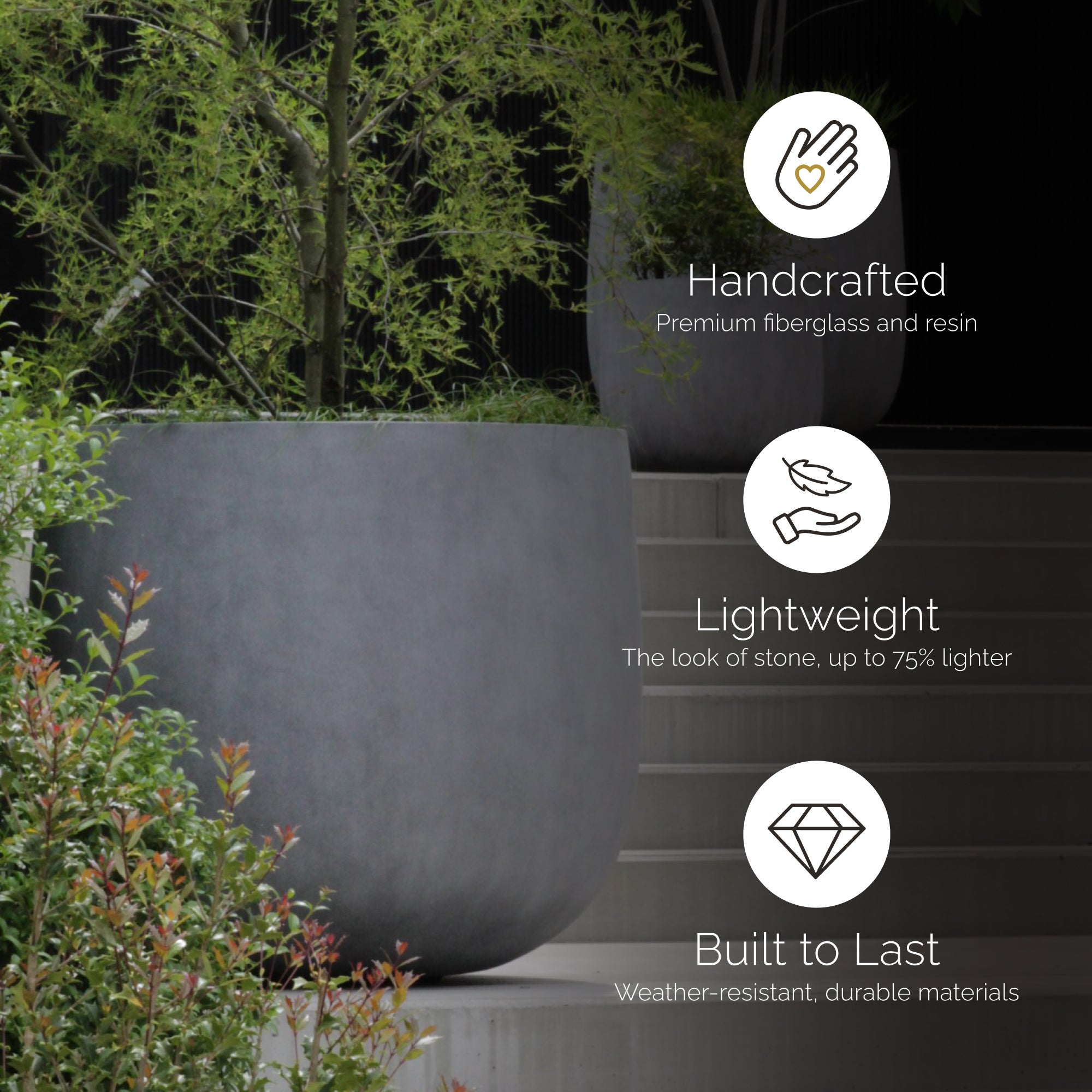 Mondo Large Planter – River Stone Finish – Fiberglass Indoor/Outdoor and Weather-Resistant Round Planter (19.8" D x 19" H Exterior, 18.5" D x 18.5" H Interior) - River Stone,19.75 in x 19.75 in x 19 in