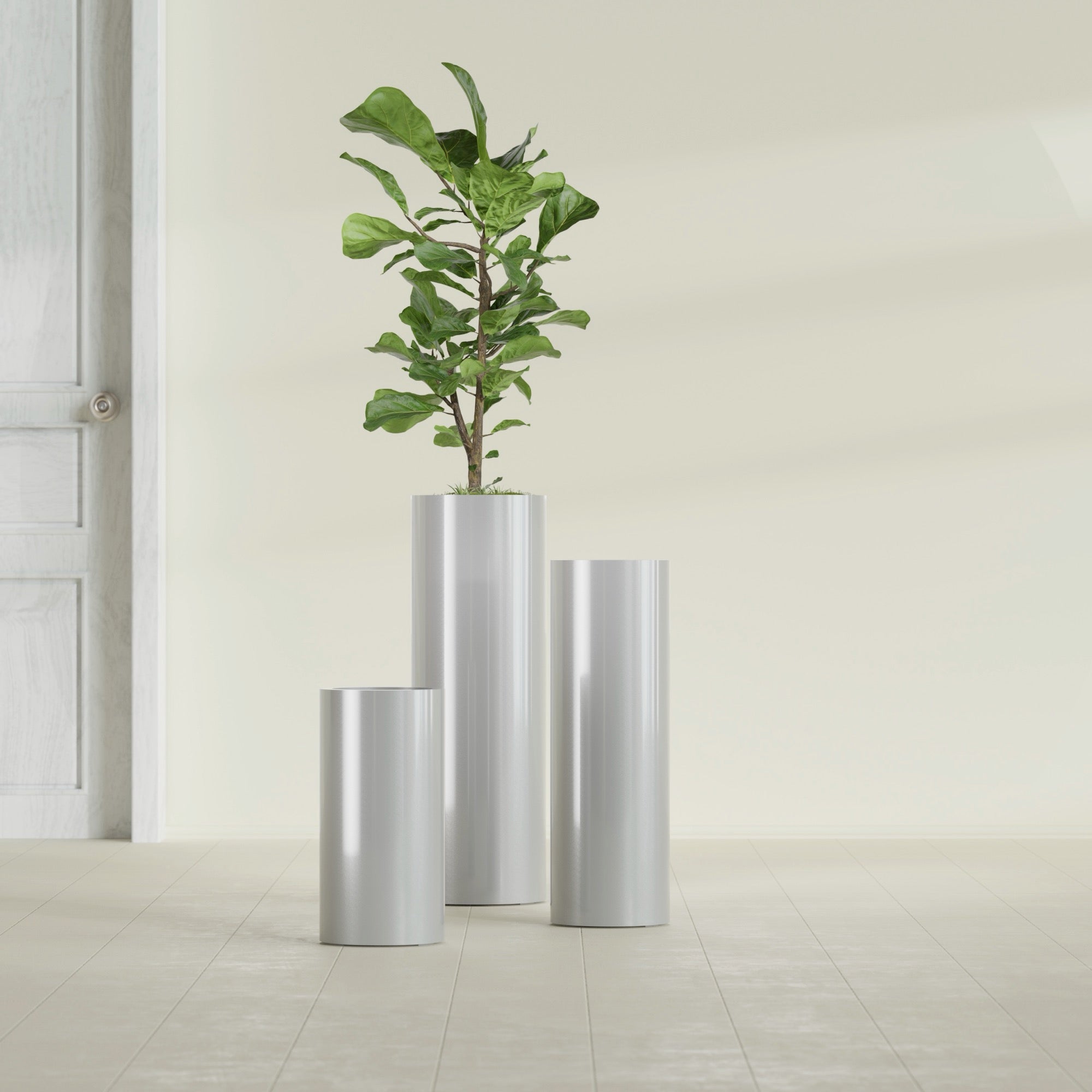 Corry Large Tall Cylinder Fiberglass Planter - 12 in x 12 in x 36 in - Metallic Silver - Metallic Silver,30 in x 30 in x 32 in