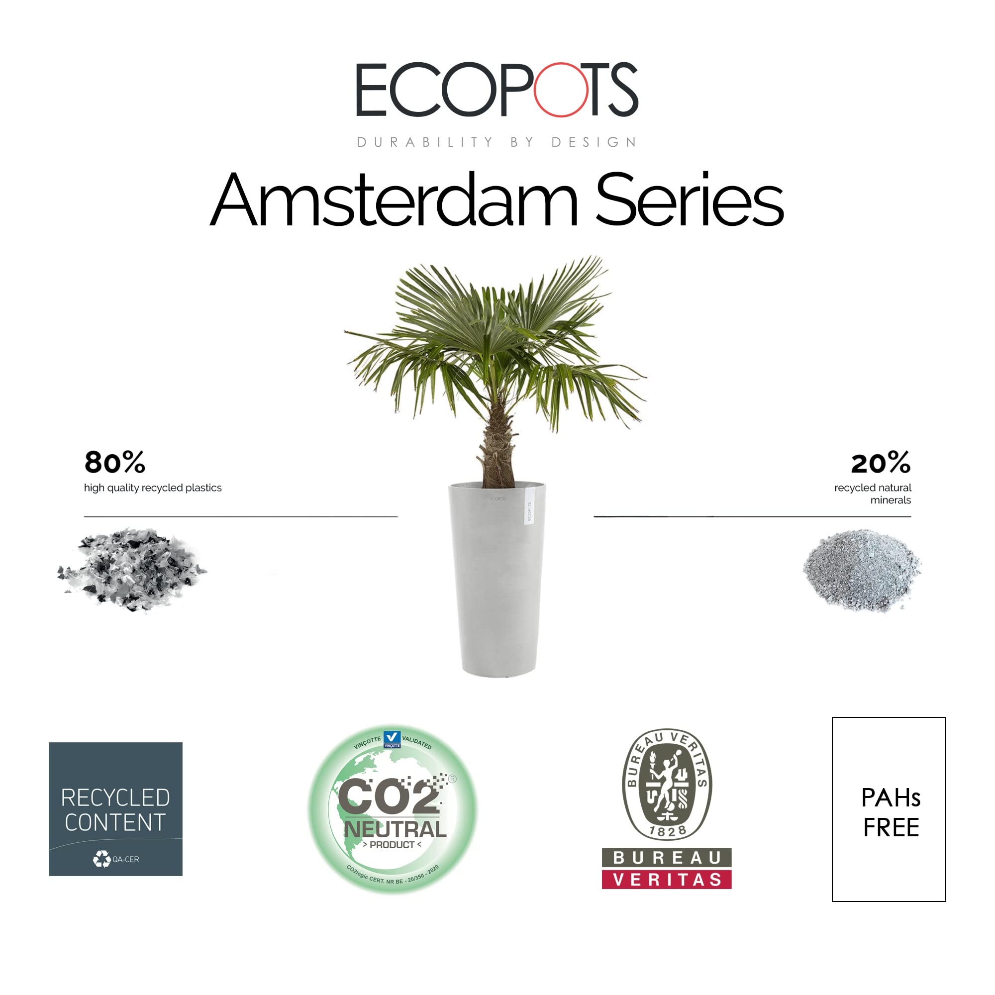 Amsterdam Mid High Medium Tall Round Planter - 13.5 in x 13.5 in x 26 in - White Grey - White Grey,13.5 in x 13.5 in x 26 in,Planter Only