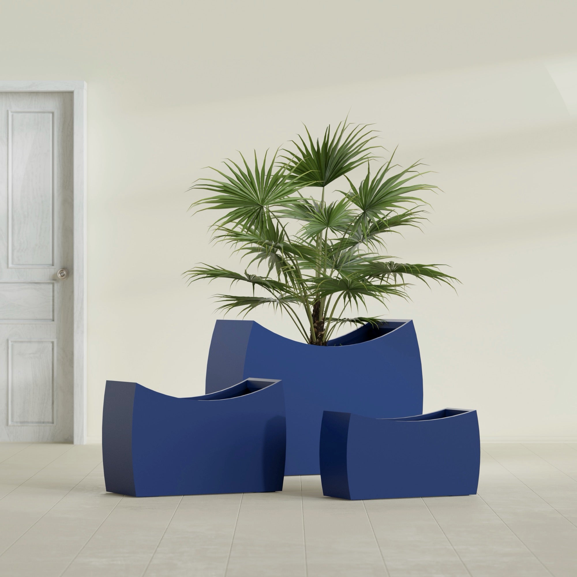 Seoul Large Curved Abstract Fiberglass Planter - 32 in x 12 in x 18 in - Matte Cobalt Blue - Matte Cobalt Blue,32 in x 12 in x 18 in