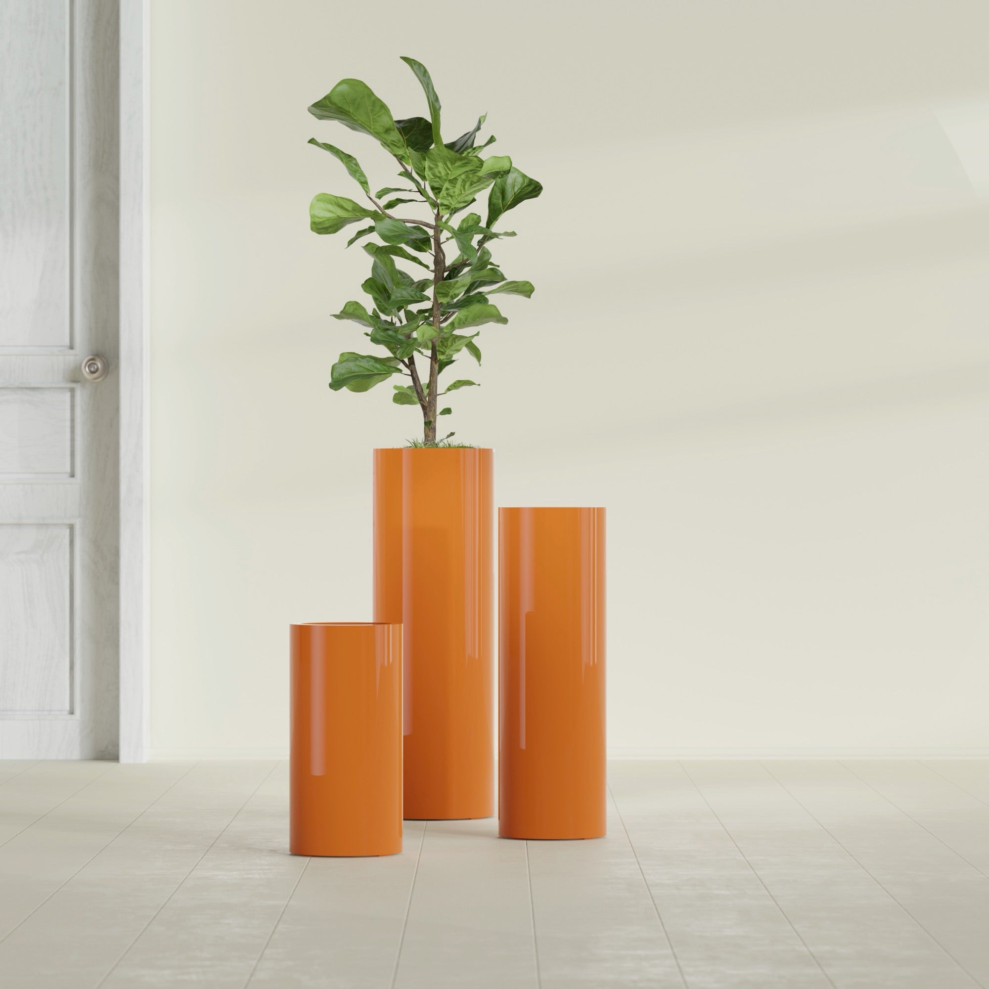 Corry Medium Tall Cylinder Fiberglass Planter - 10 in x 10 in x 20 in - Gloss Tangerine - Gloss Tangerine,10 in x 10 in x 20 in