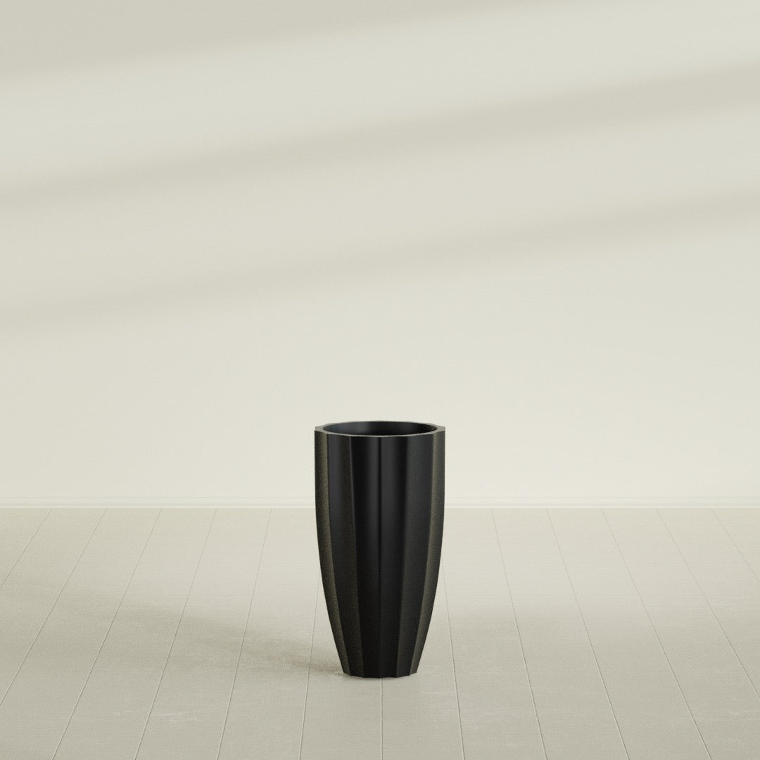 San Jose Large Tall Round Fluted Fiberglass Planter - 16 in x 16 in x 30 in - Matte Black - Matte Black,16 in x 16 in x 30 in