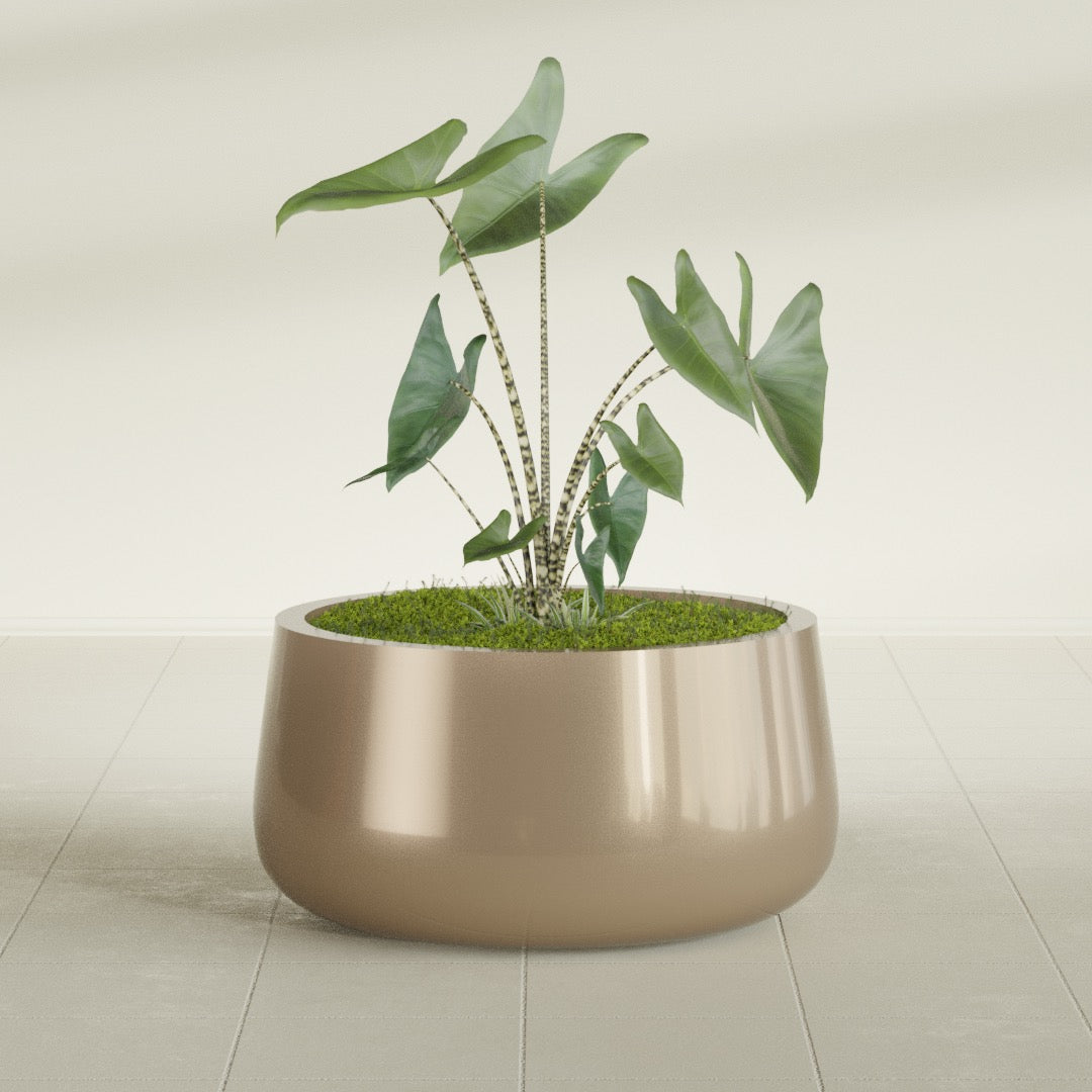 Short Hayden Medium Round Fiberglass Planter - 20 in x 20 in x 10 in - Metallic Gold - Metallic Gold,20 in x 20 in x 10 in