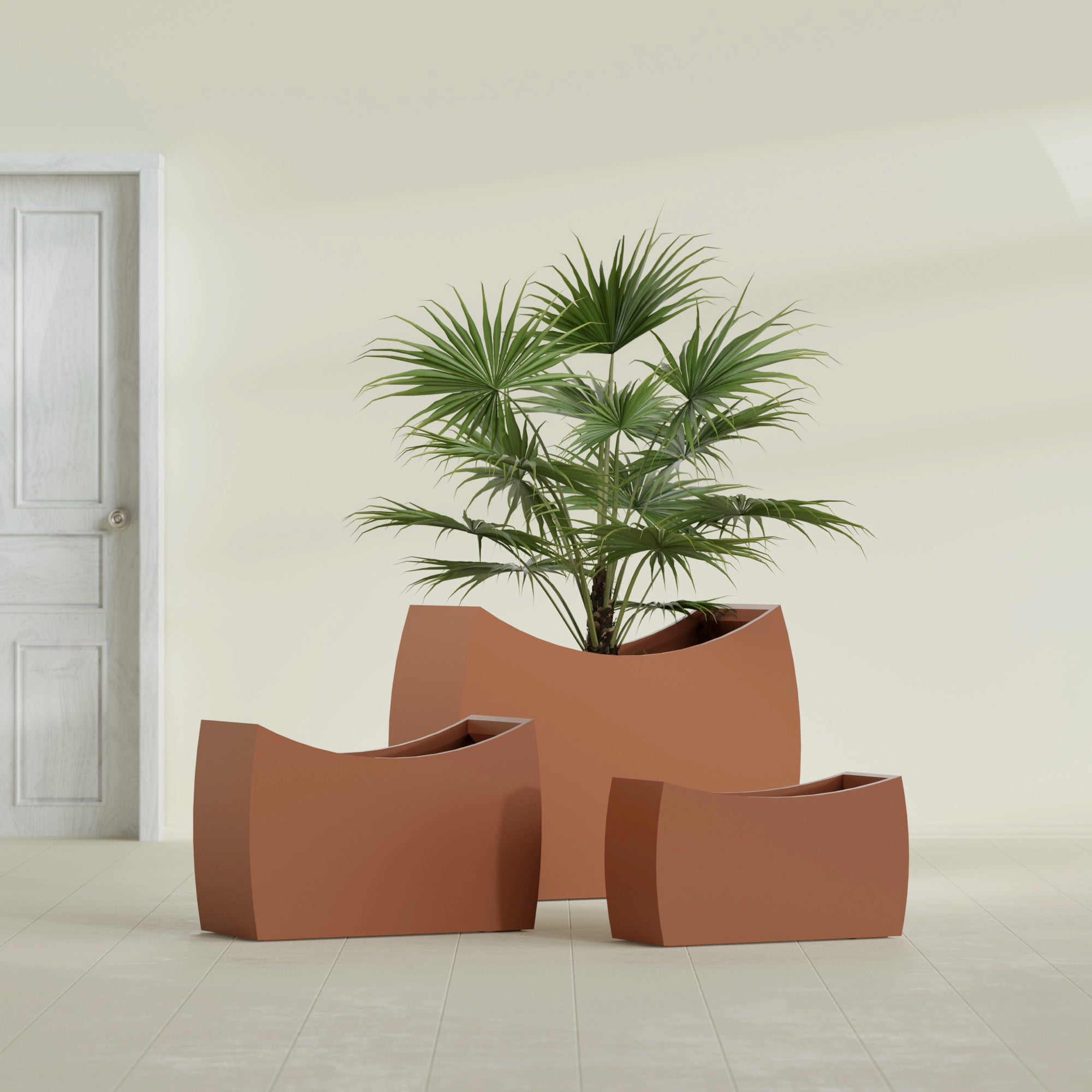 Seoul Large Curved Abstract Fiberglass Planter - 32 in x 12 in x 18 in - Matte Terracotta - Matte Terracotta,32 in x 12 in x 18 in