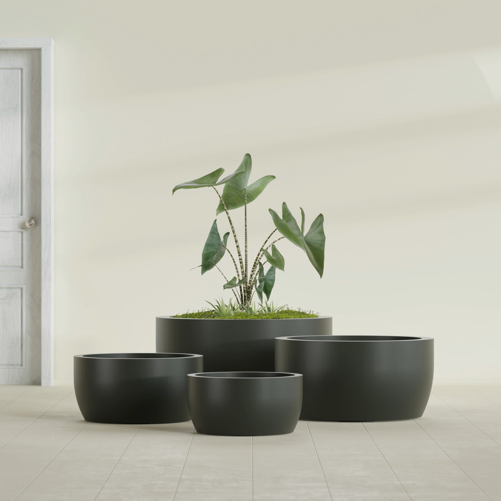 Casablanca Large Round Low Bowl Fiberglass Planter - 30 in x 30 in x 15 in - Matte Charcoal - Matte Charcoal,30 in x 30 in x 15 in