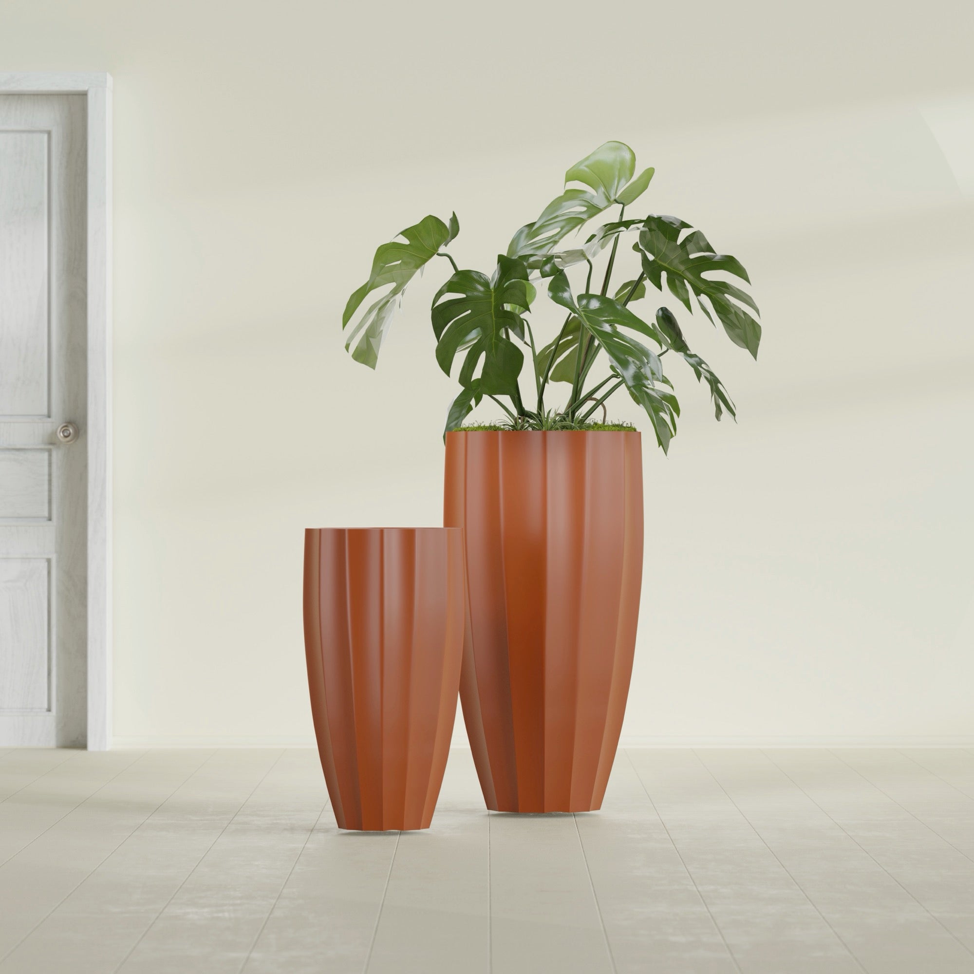 San Jose Large Tall Round Fluted Fiberglass Planter - 16 in x 16 in x 30 in - Matte Terracotta - Matte Terracotta,16 in x 16 in x 30 in