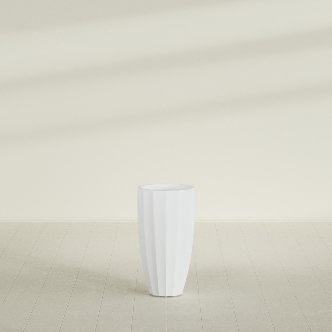 San Jose Large Tall Round Fluted Fiberglass Planter - 16 in x 16 in x 30 in - Gloss White - Gloss White,16 in x 16 in x 30 in