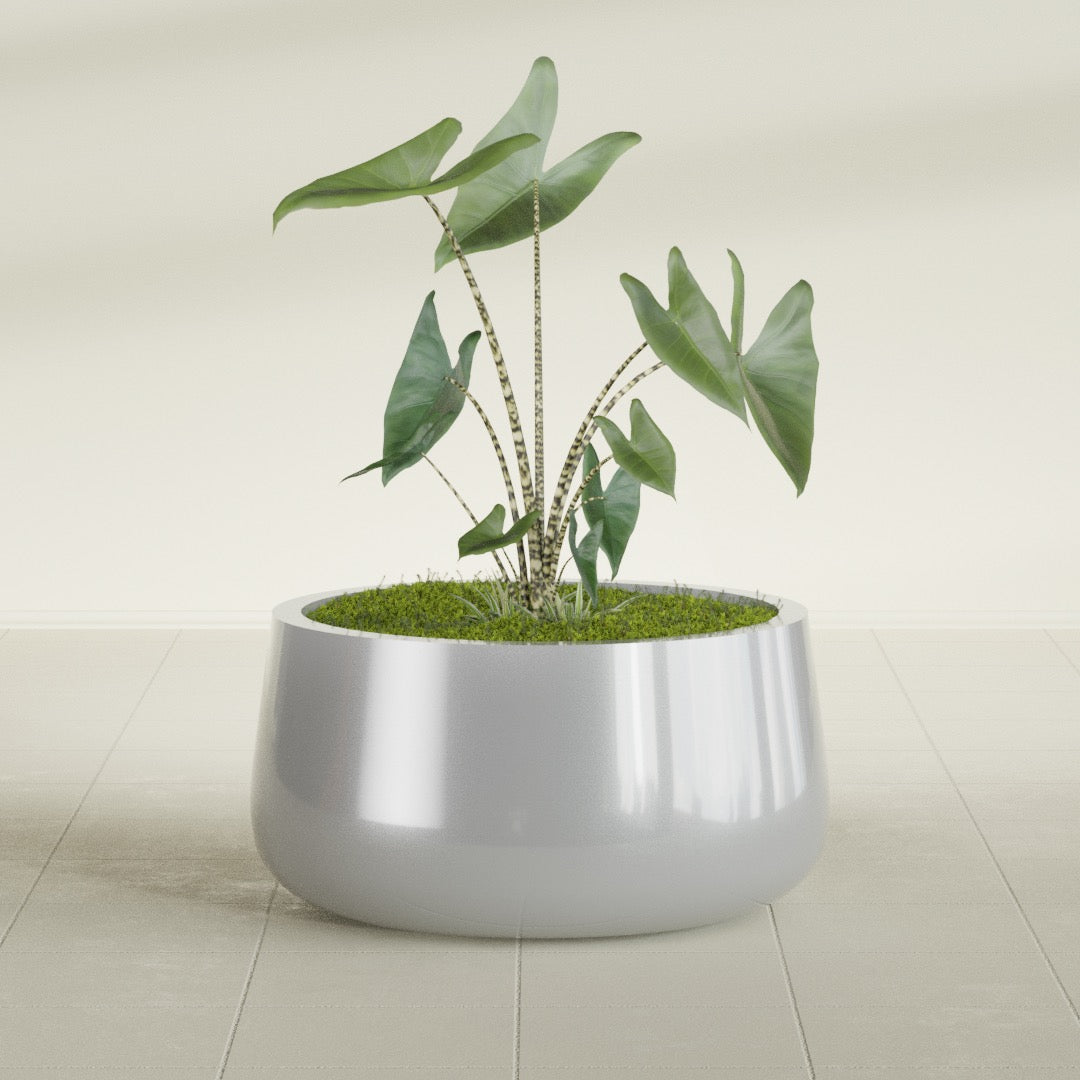 Short Hayden Medium Round Fiberglass Planter - 20 in x 20 in x 10 in - Metallic Silver - Metallic Silver,20 in x 20 in x 10 in